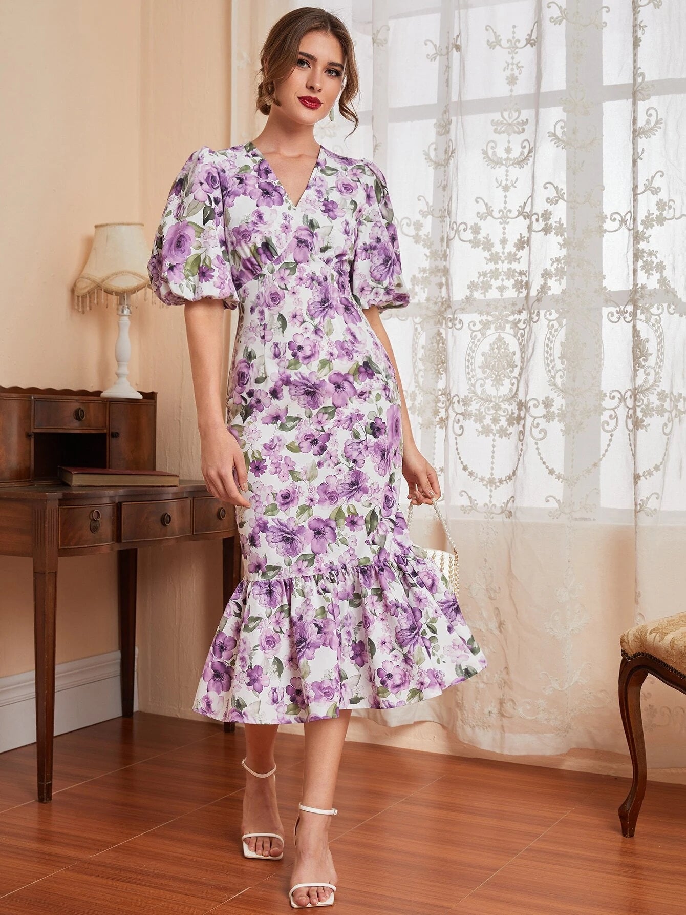 Floret Puff Sleeve Midi Dress - Floral