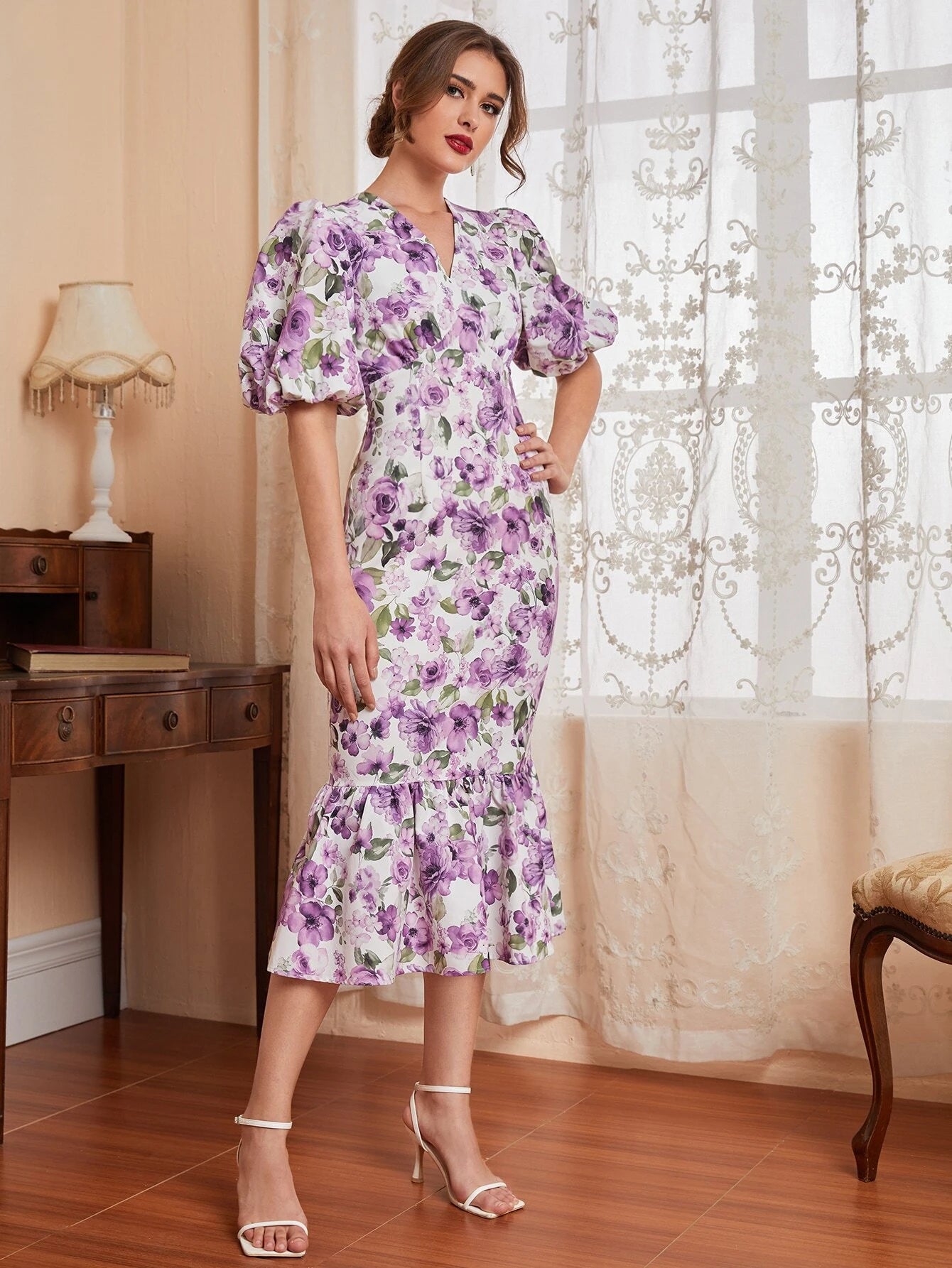 Floret Puff Sleeve Midi Dress - Floral