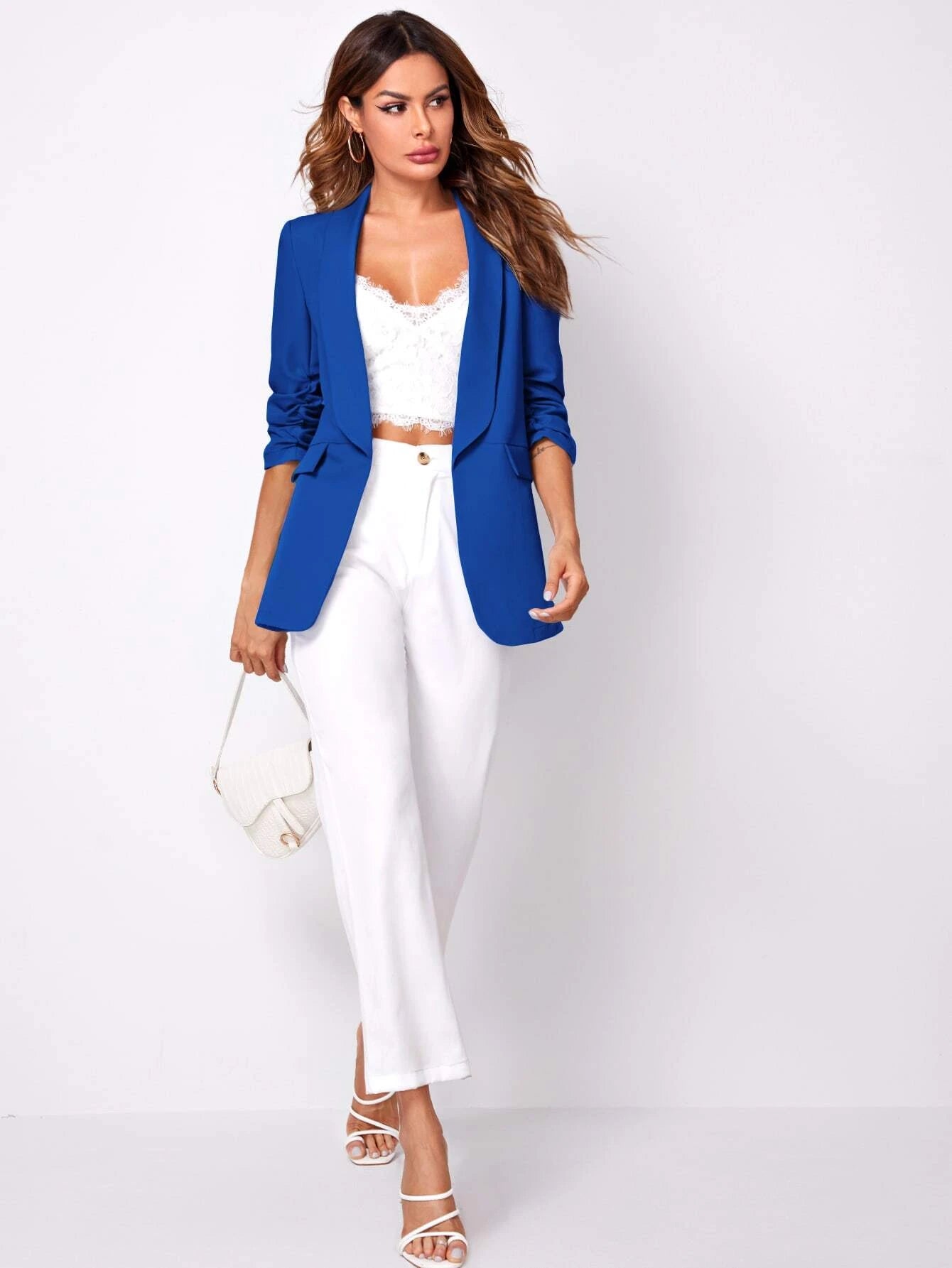 Shawl Collar Gathered Sleeve Flap Detail Blazer
