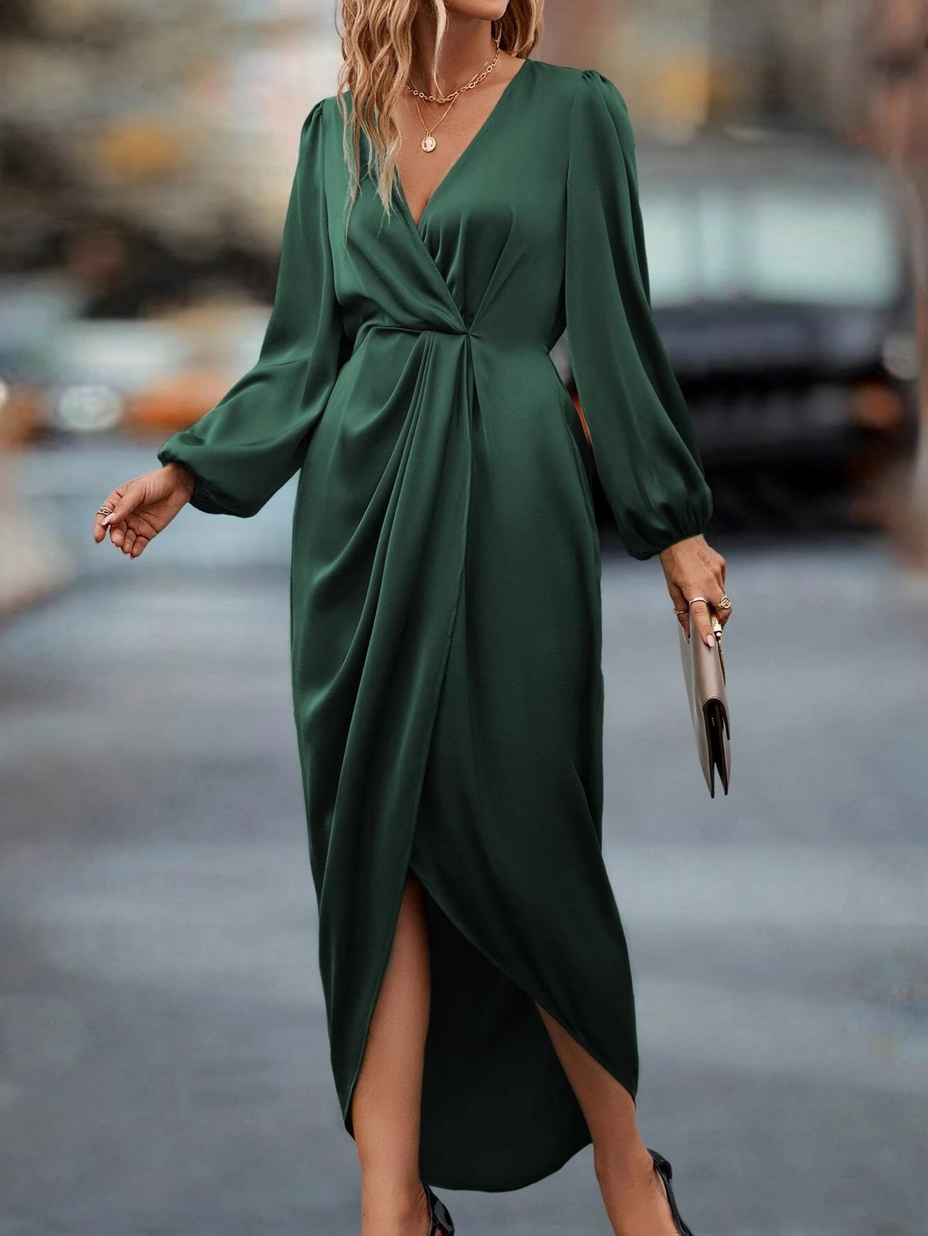 Miuccia Twist Front Satin Dress - Dark Green