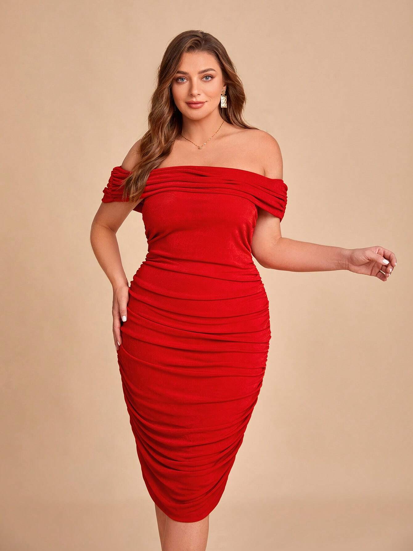 Lana Off Shoulder Midi Dress - Red