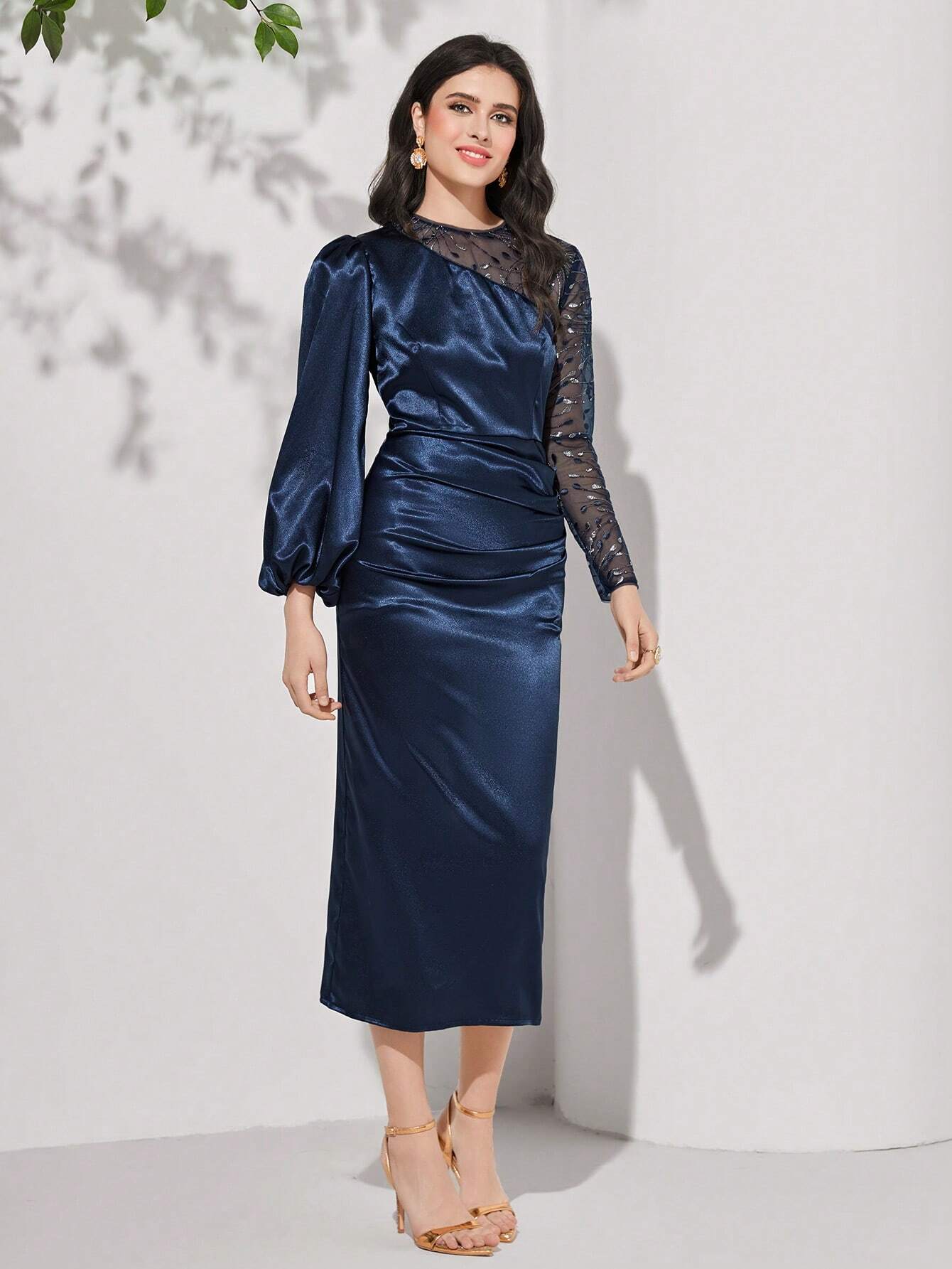 Vella Midi Satin Dress - Navy