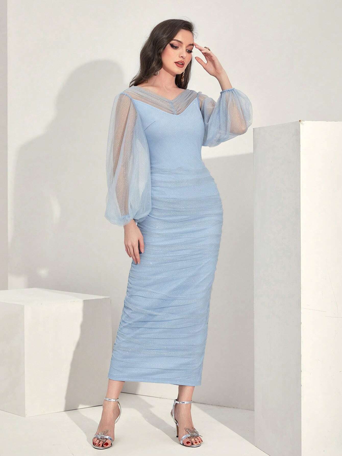 Claire Contrast Mesh Midi Dress