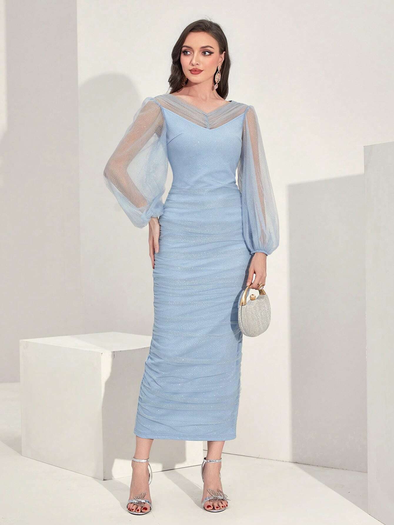Claire Contrast Mesh Midi Dress