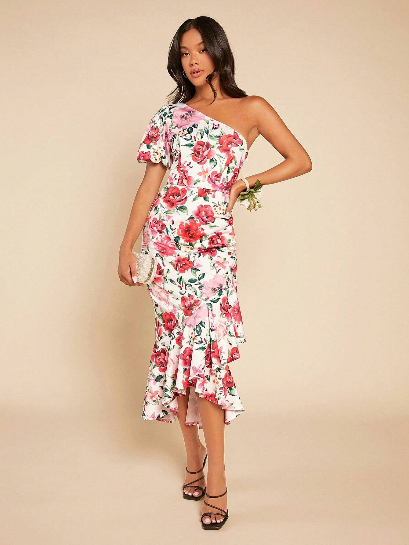Audrey One Shoulder Midi Dress - Floral