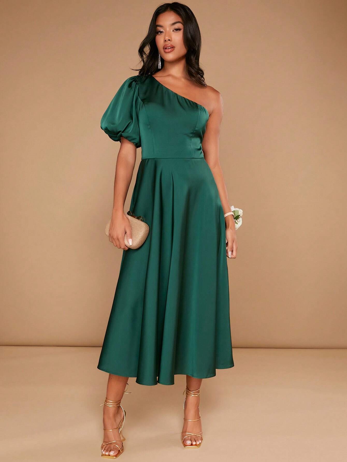 Eden One Shoulder Puff Sleeve Satin Dress