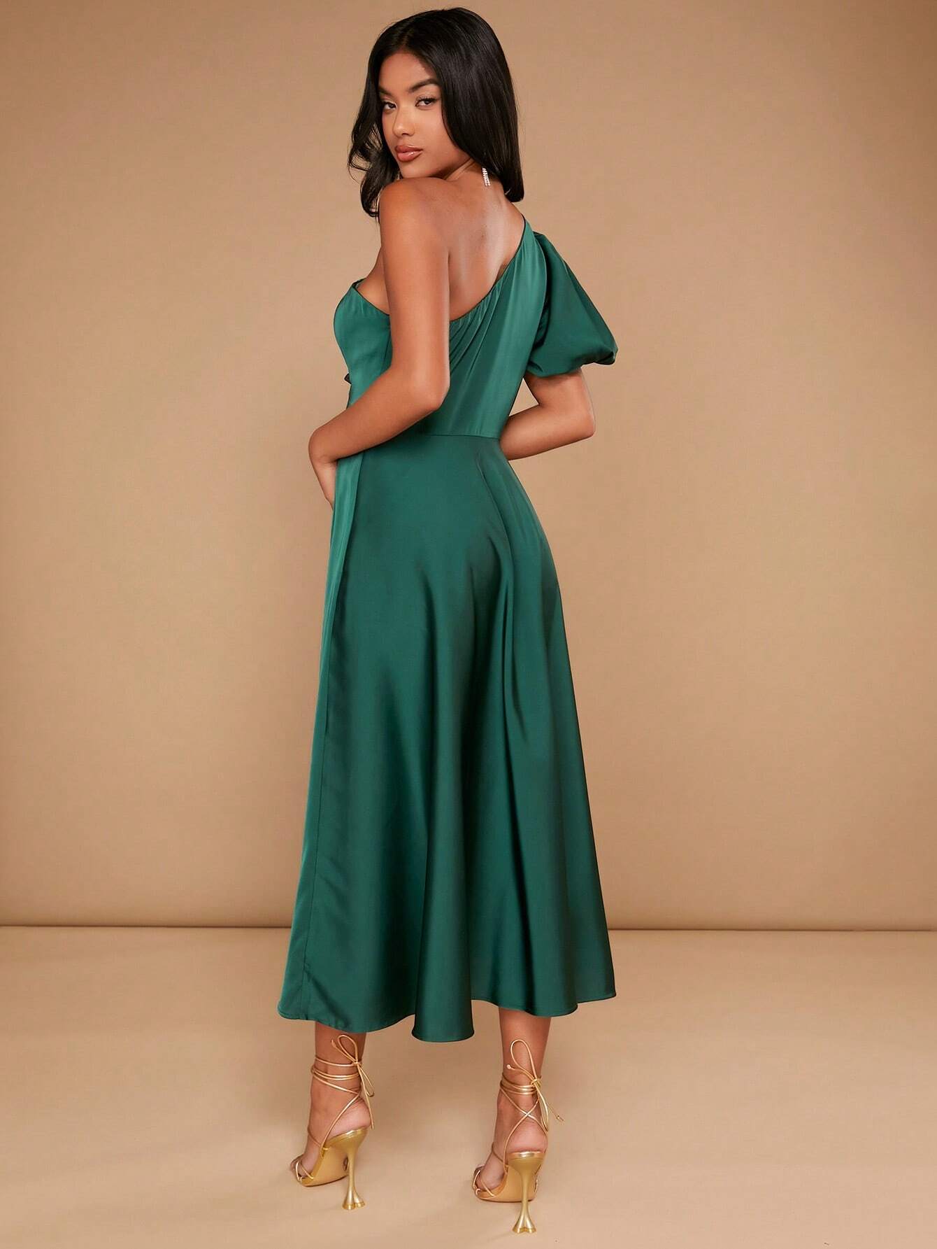 Eden One Shoulder Puff Sleeve Satin Dress
