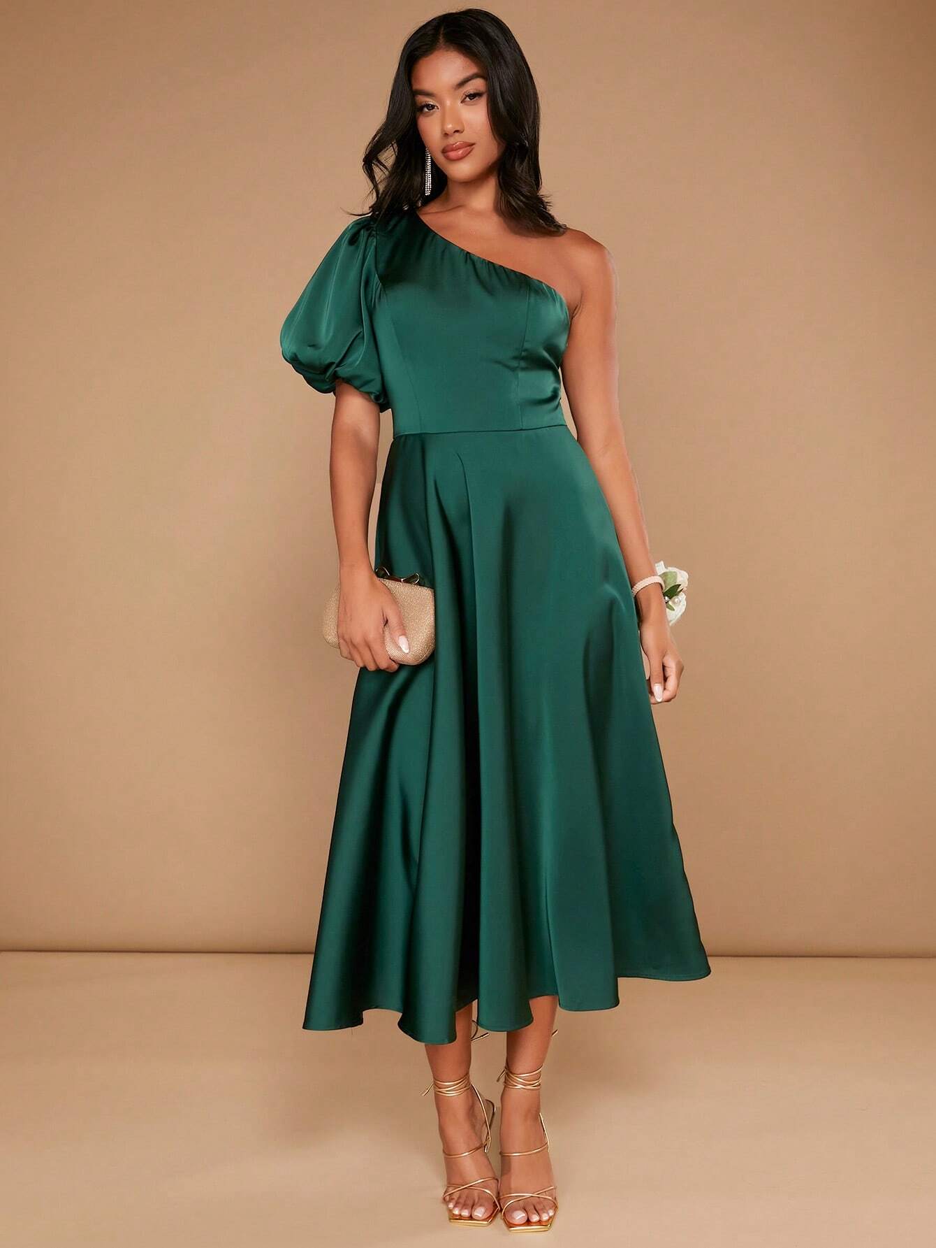 Eden One Shoulder Puff Sleeve Satin Dress