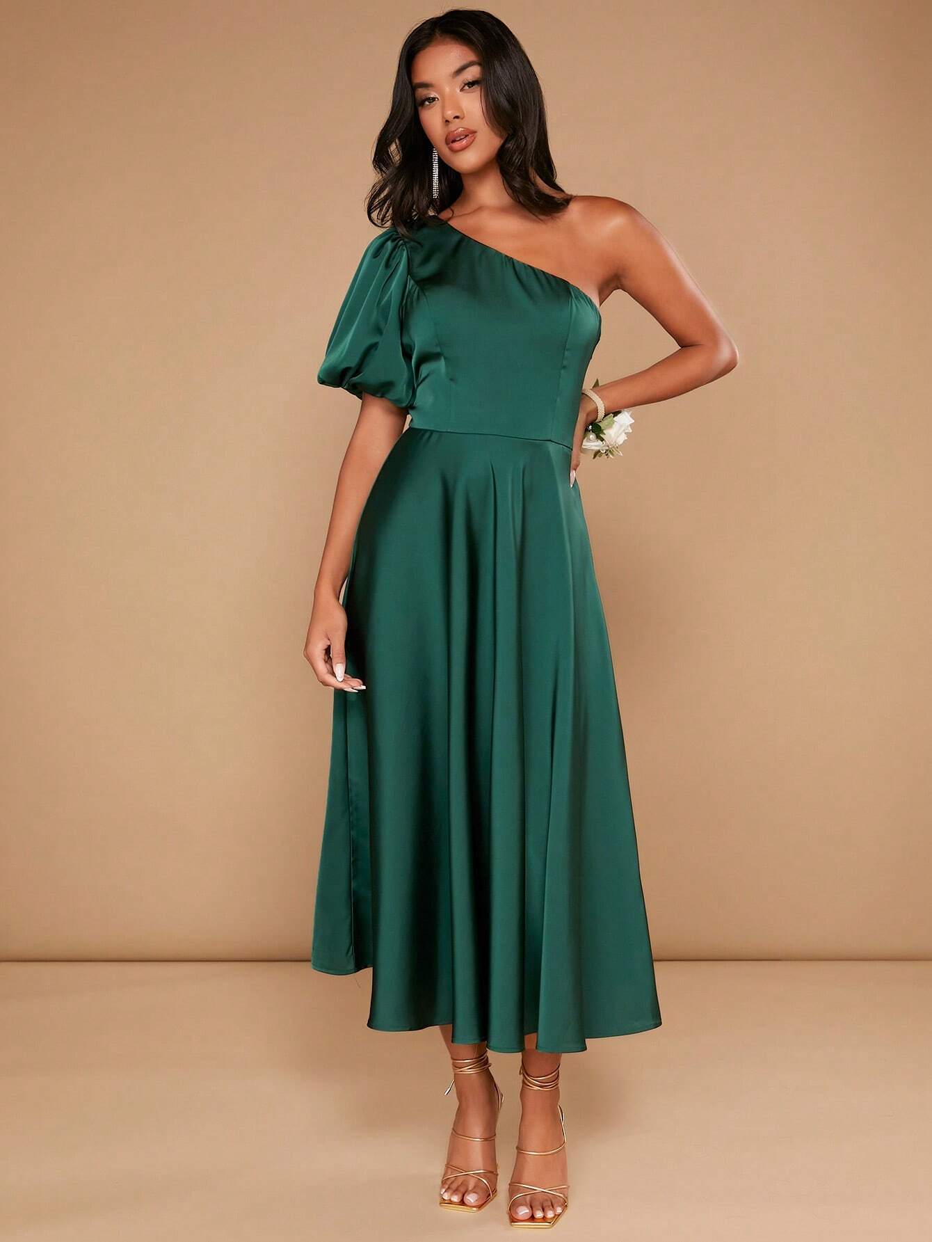 Eden One Shoulder Puff Sleeve Satin Dress