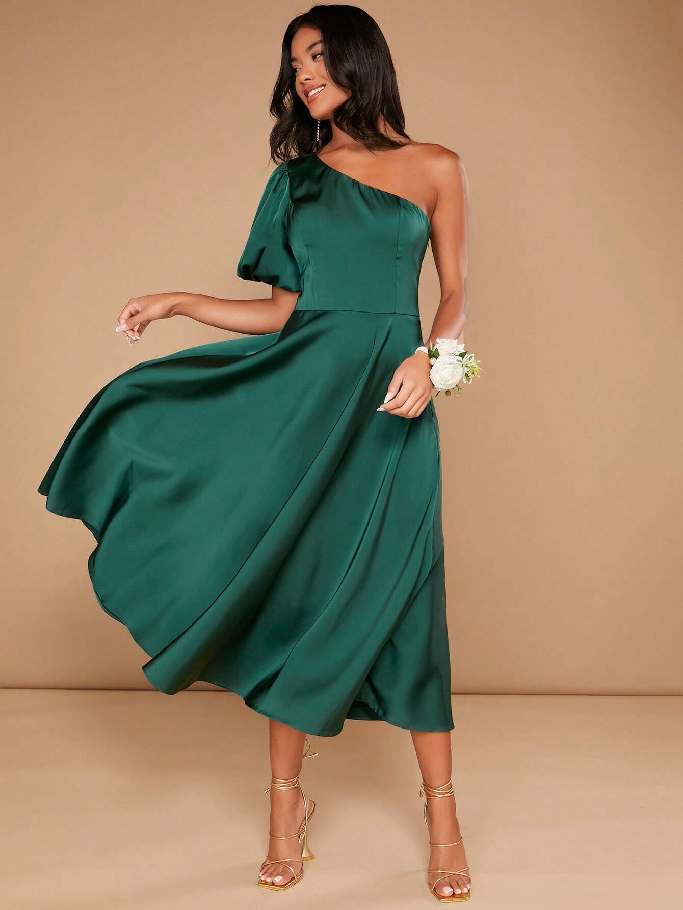 Eden One Shoulder Puff Sleeve Satin Dress