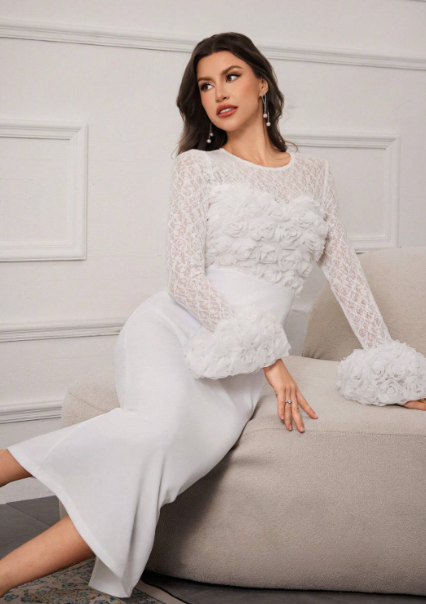 MIAH FLORAL LACE MIDI DRESS - WHITE