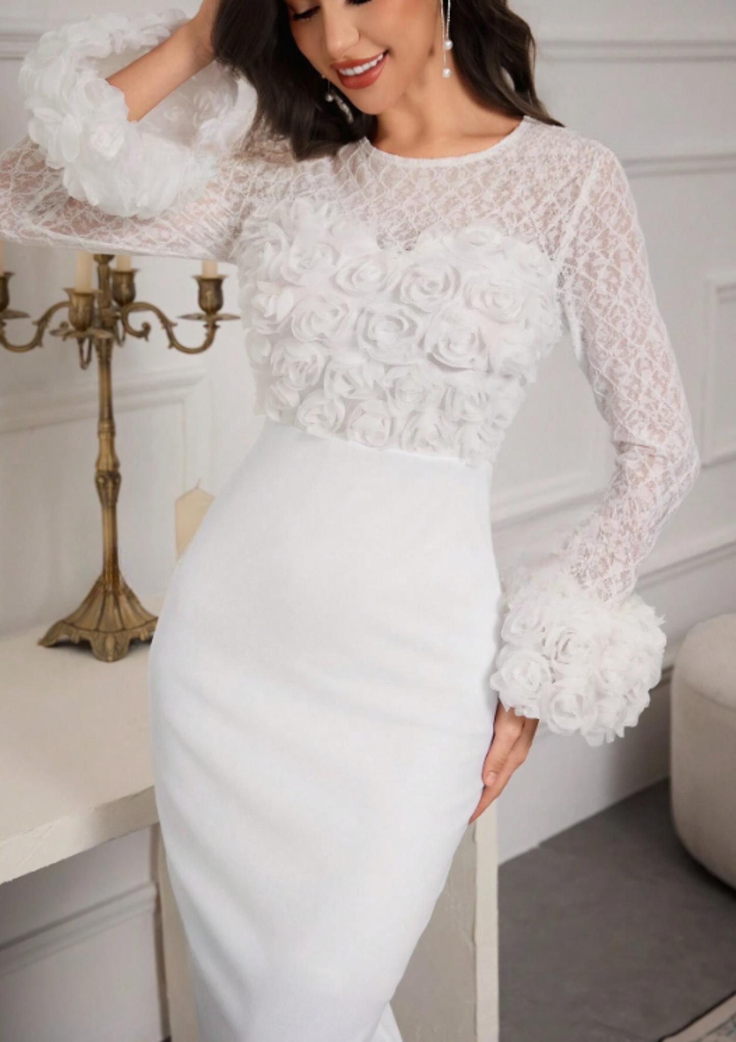 MIAH FLORAL LACE MIDI DRESS - WHITE