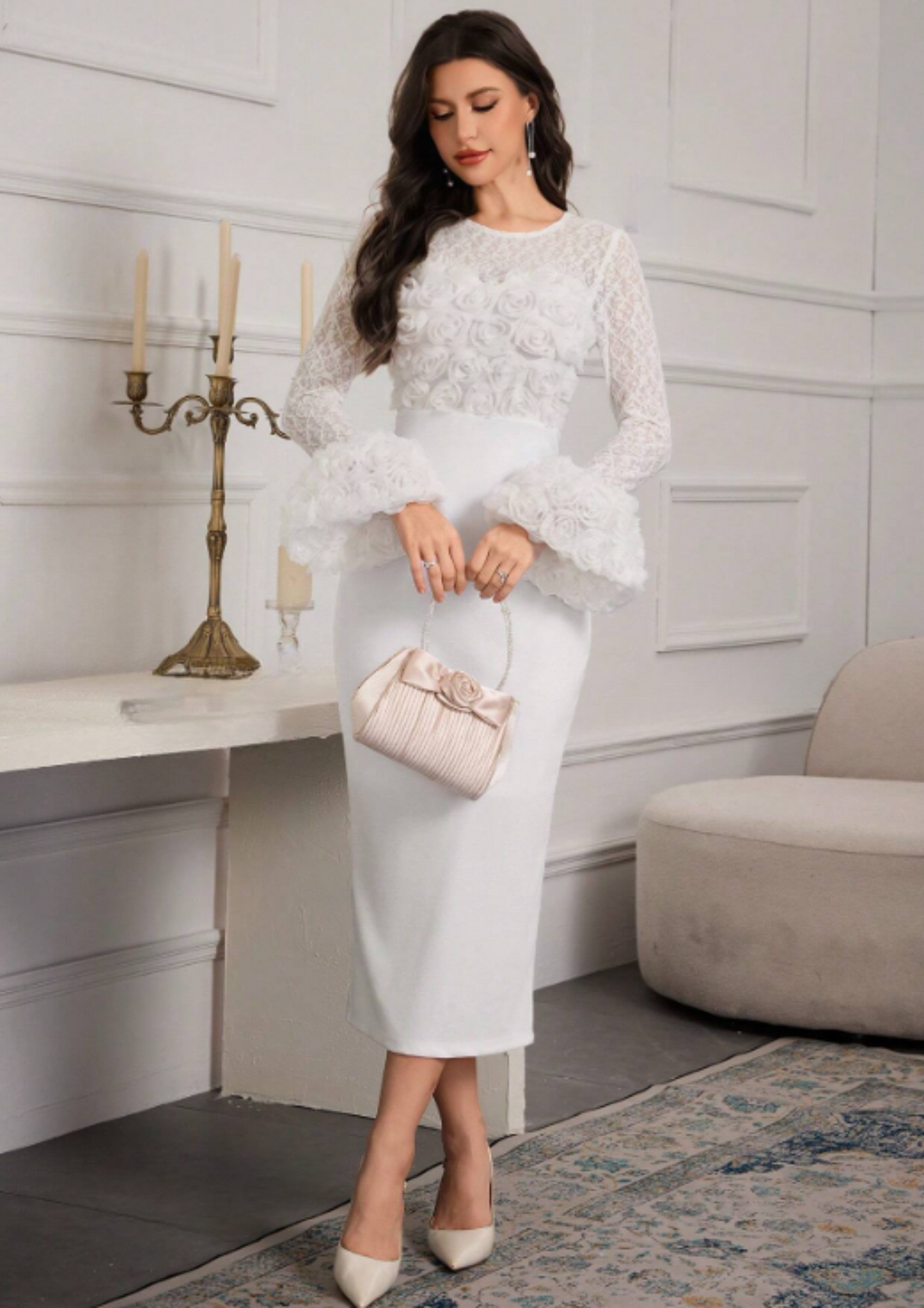 MIAH FLORAL LACE MIDI DRESS - WHITE
