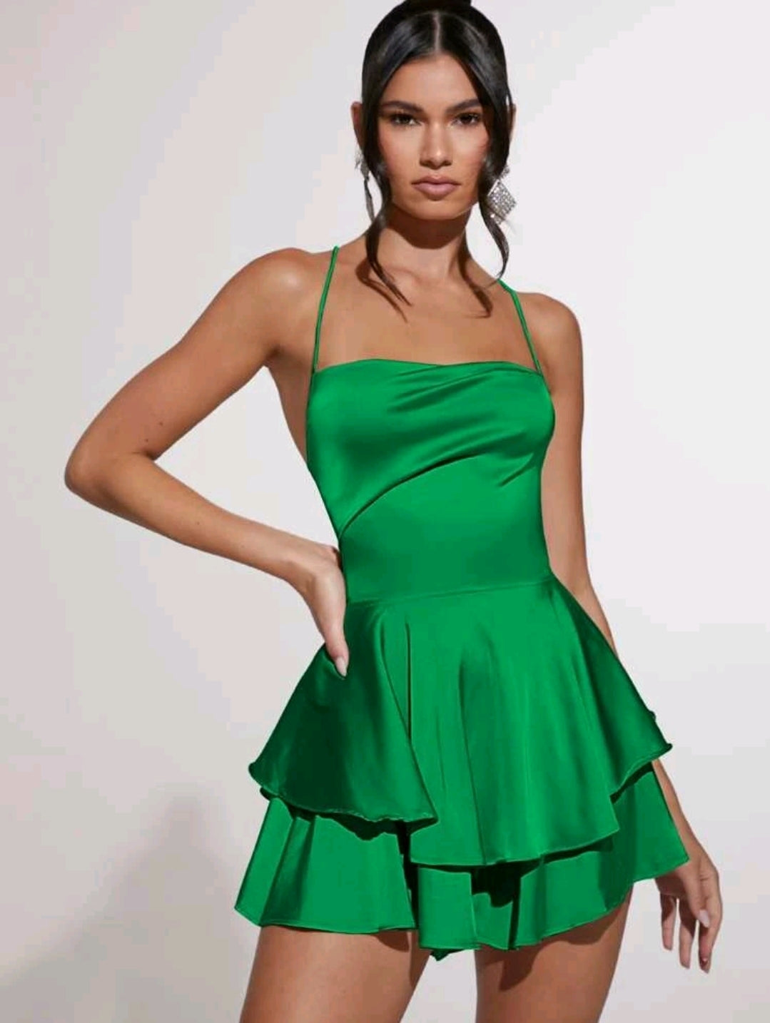 Anaëlle Lace Up Backless Satin Romper - Green