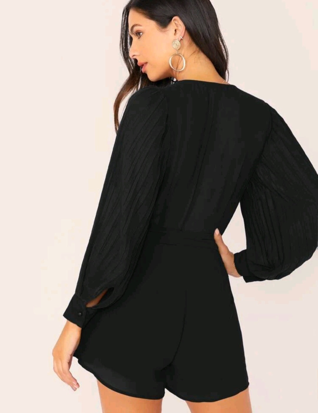 Florence Pleated Lantern Sleeve Romper - Black