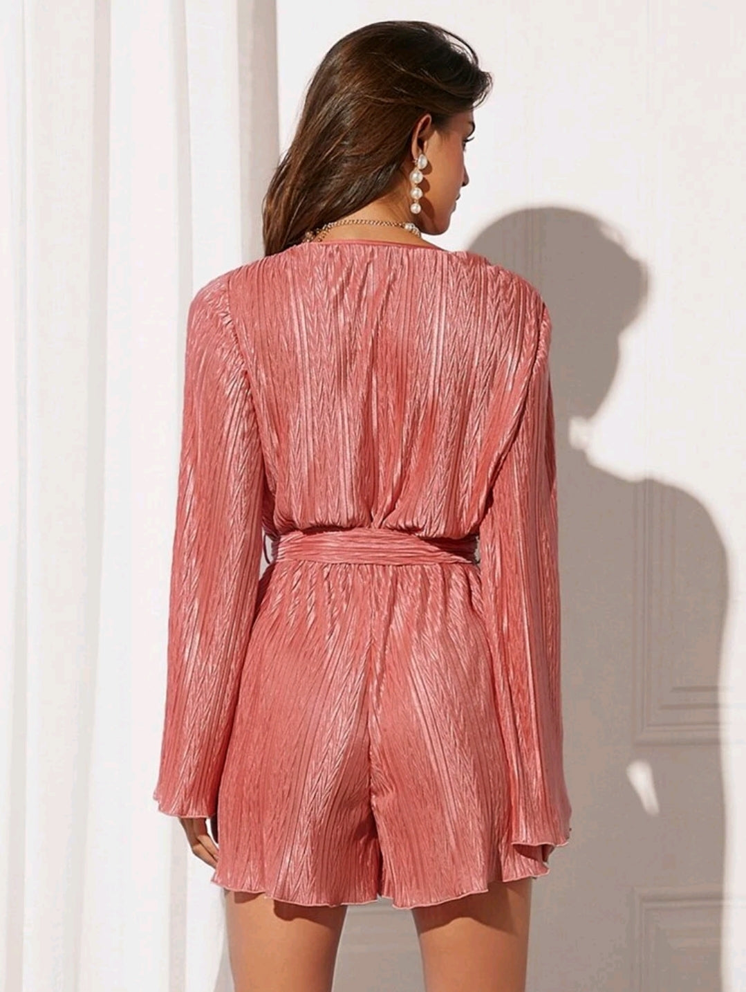 Lilly Surplice Neck Belted Romper - Coral Pink