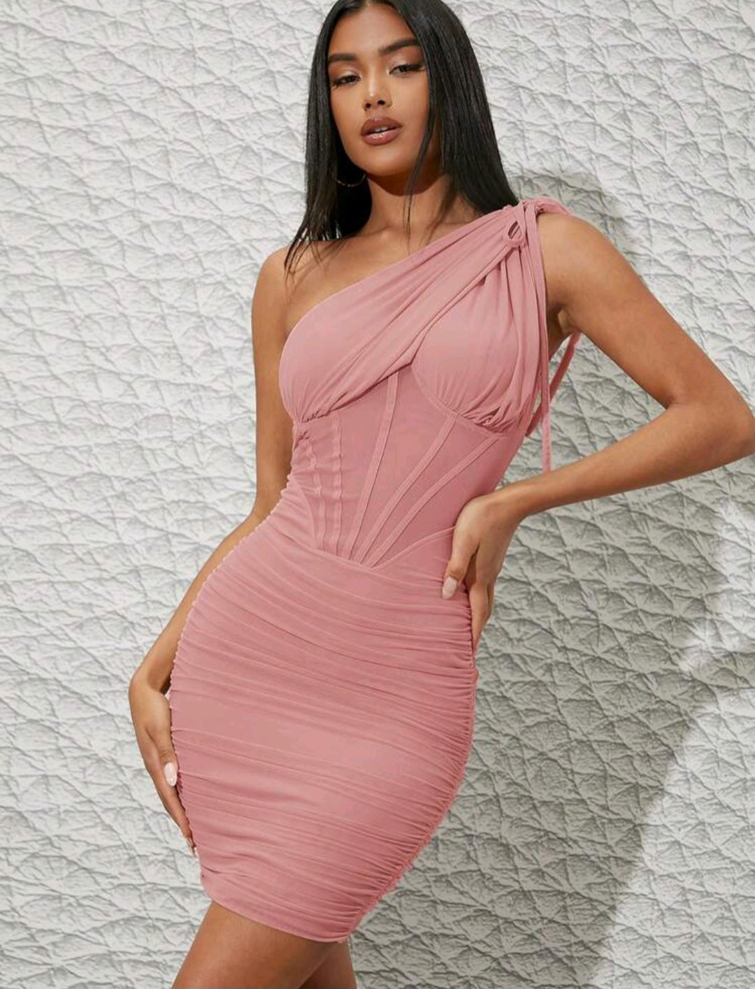 Sophie One Shoulder Ruched Mesh Overlay Mini Dress