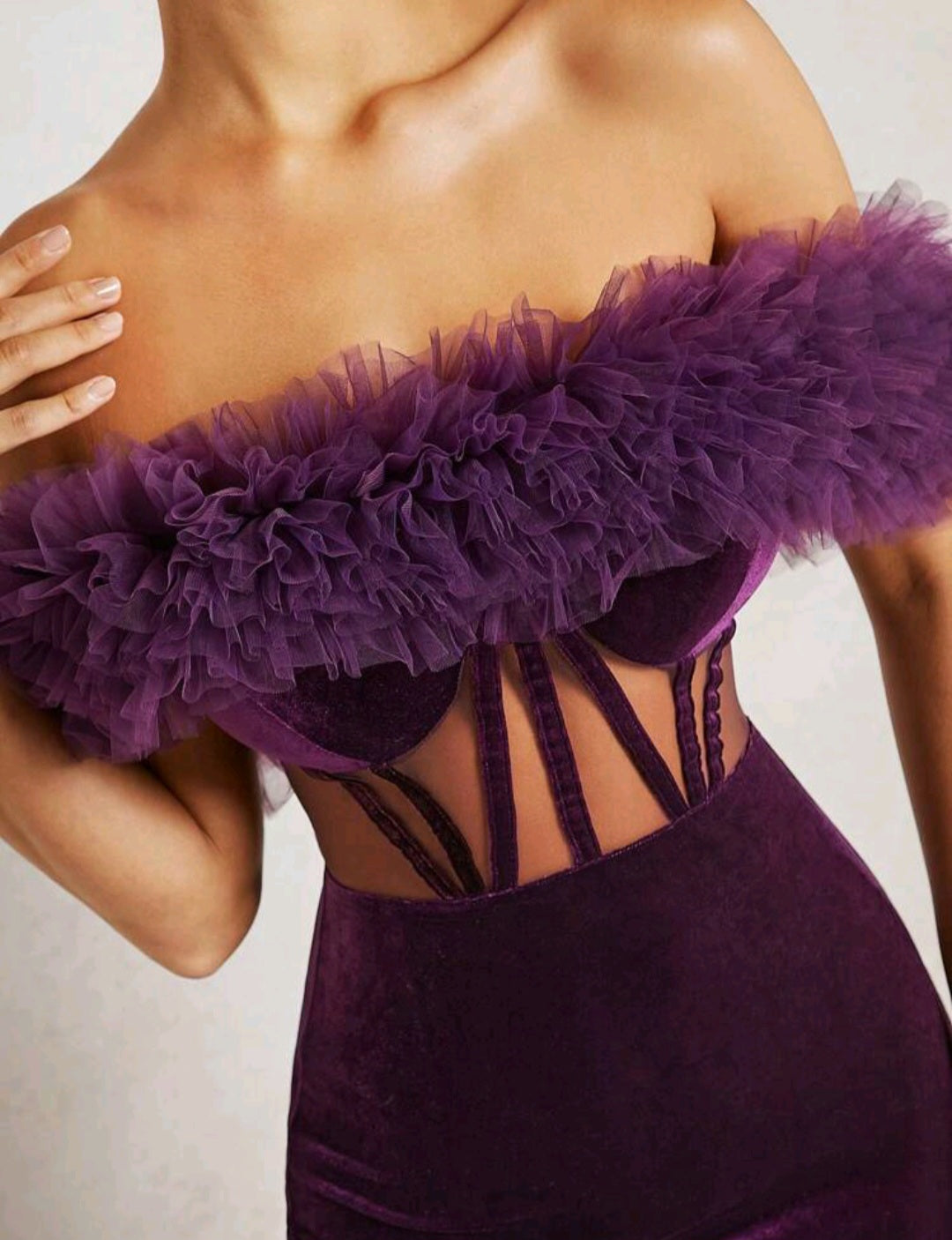 Ivy Off Shoulder Ruffle Trim Velvet Mini Dress - Violet