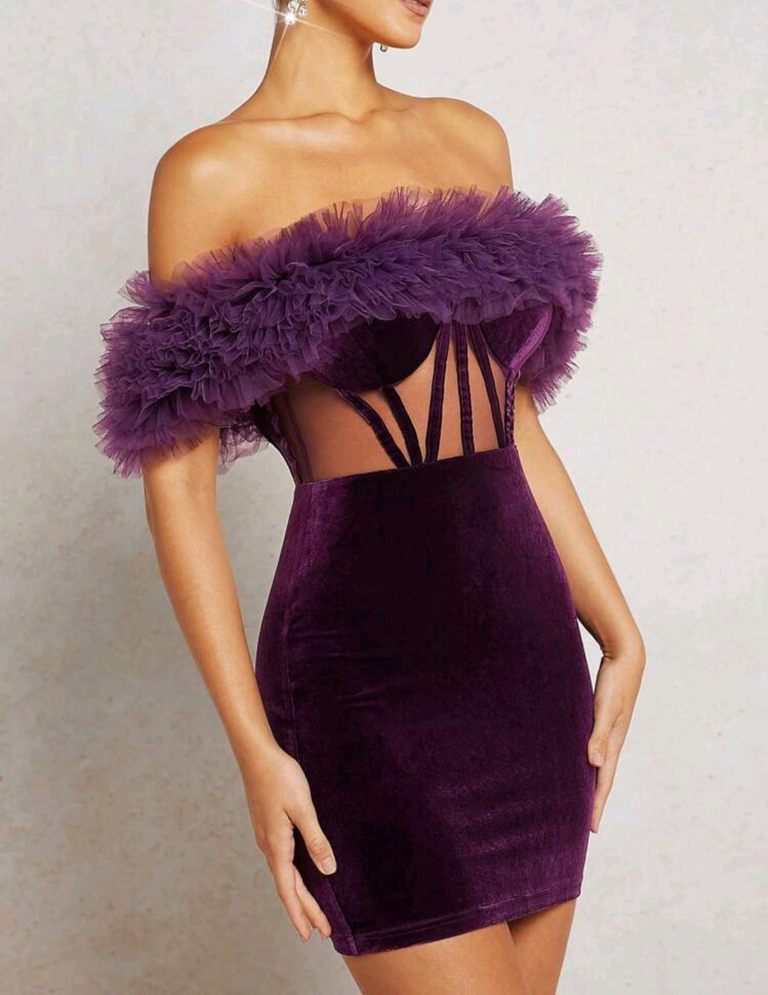 Ivy Off Shoulder Ruffle Trim Velvet Mini Dress - Violet