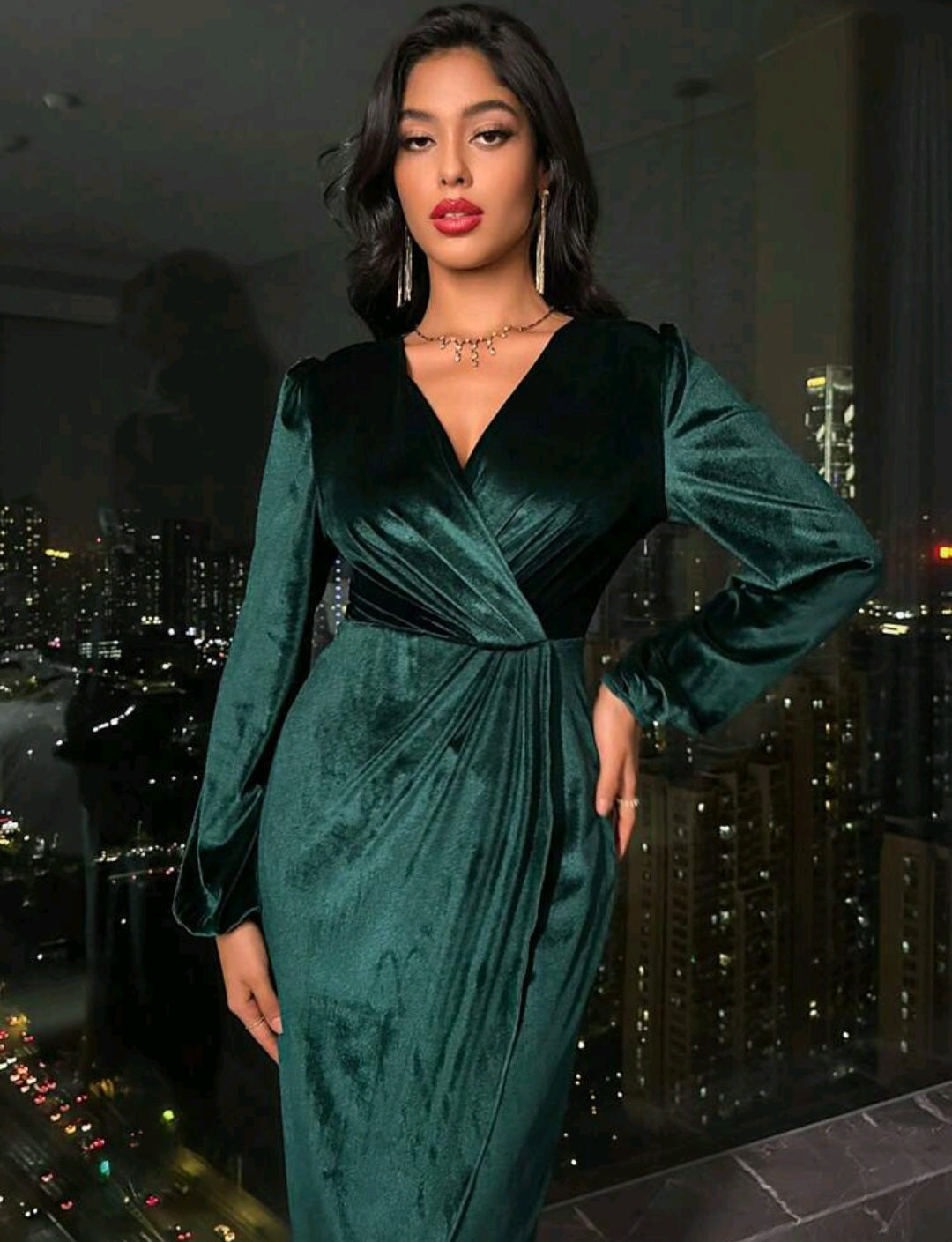 Kendall Surplice Neck Wrap Hem Midi Dress