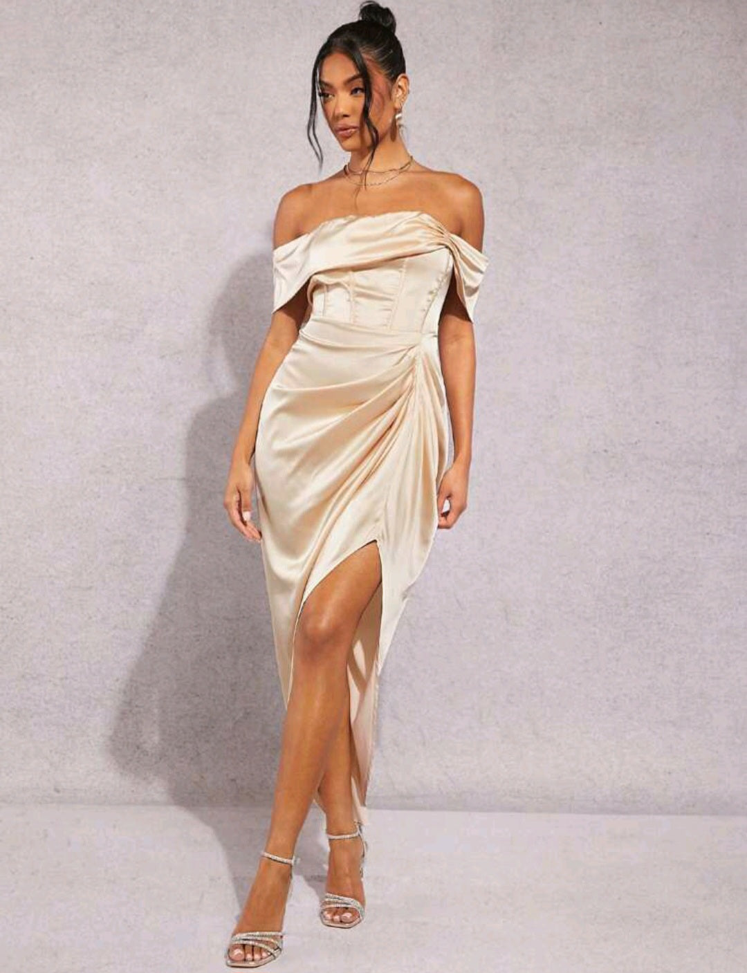 Elizabeth Off Shoulder Satin Midi Dress