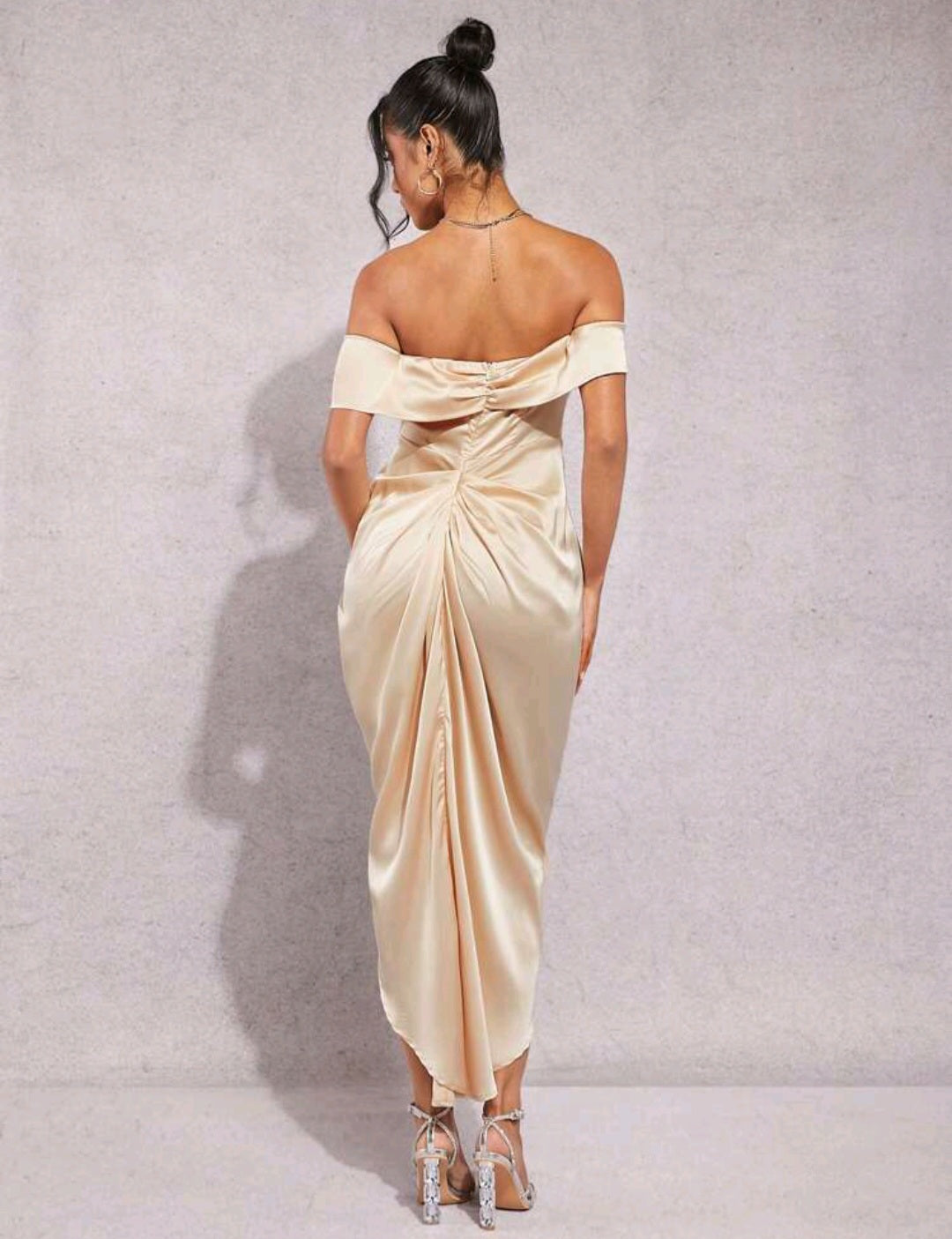 Elizabeth Off Shoulder Satin Midi Dress