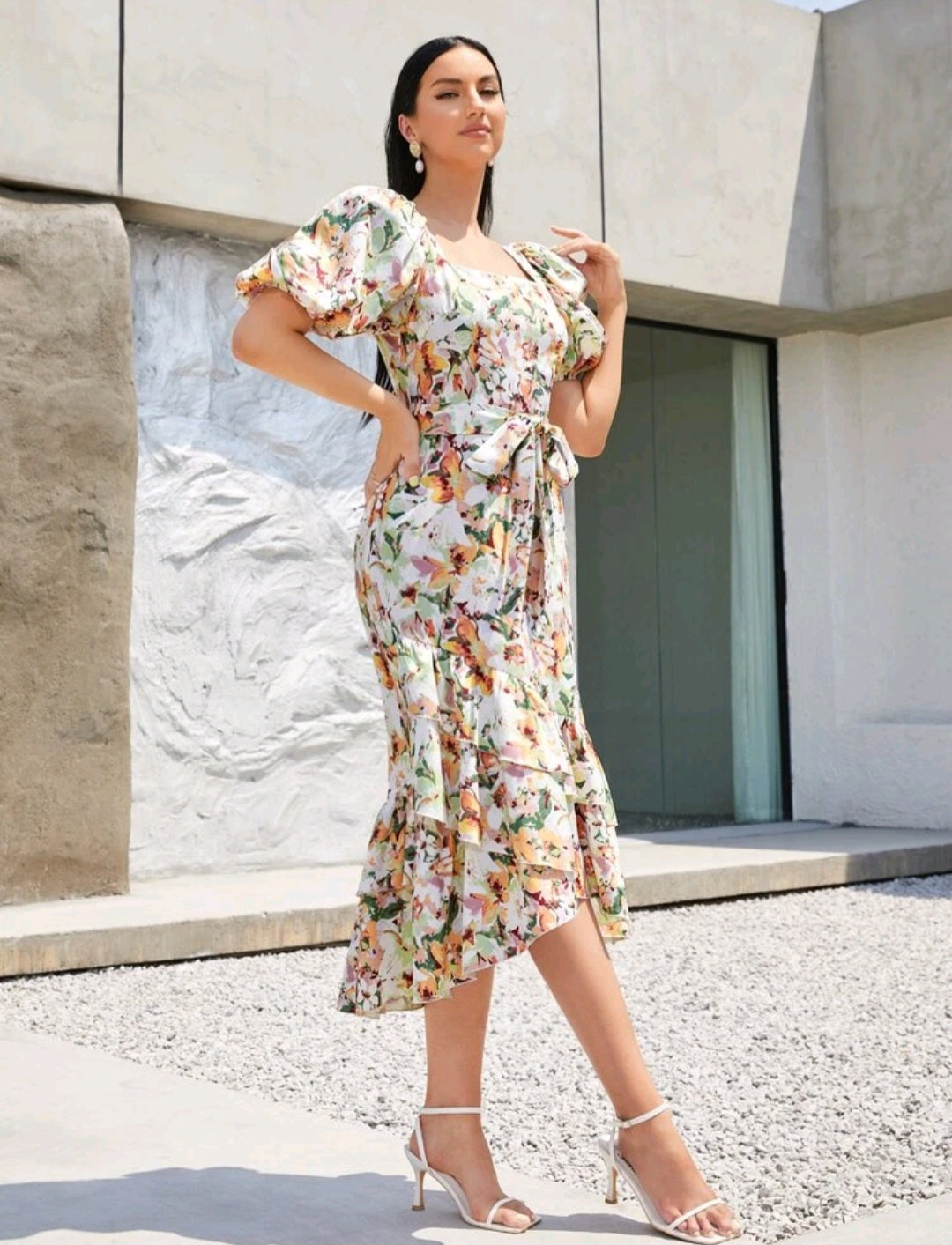 Kelda Puff Sleeve Midi Dress - Floral