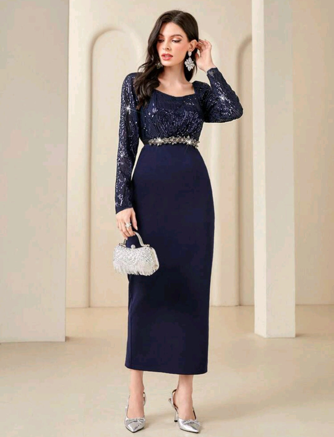 RENEE SEQUIN MIDI DRESS - NAVY BLUE