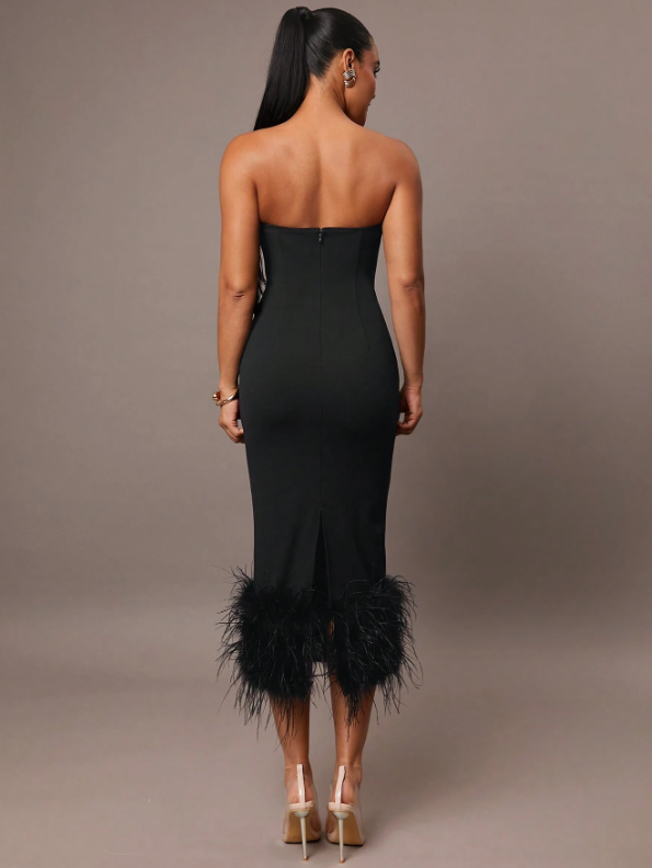 HOPE FAUX FUR MIDI DRESS - BLACK