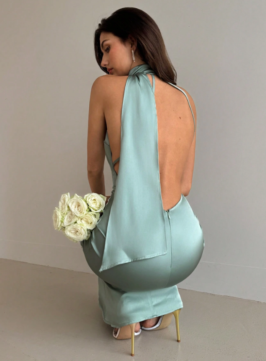 CELINE SCARF NECK SATIN MAXI DRESS