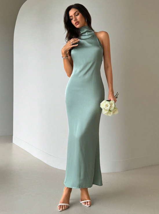 CELINE SCARF NECK SATIN MAXI DRESS