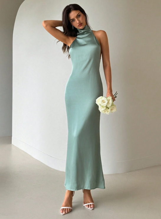 CELINE SCARF NECK SATIN MAXI DRESS