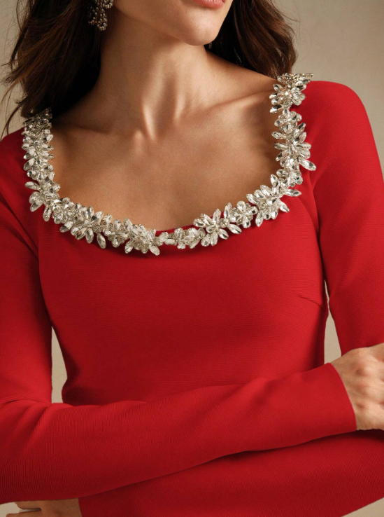 CATALINA CRYSTAL COLLAR MIDI DRESS-RED