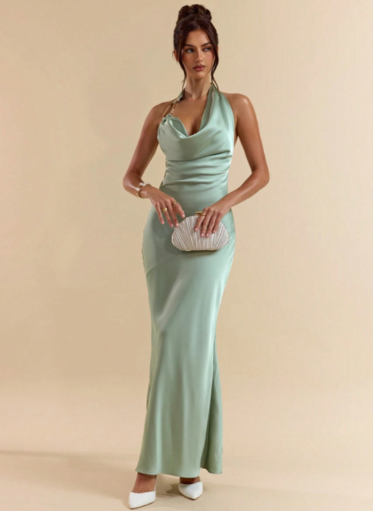 STEP SATIN MAXI DRESS-MINT GREEN