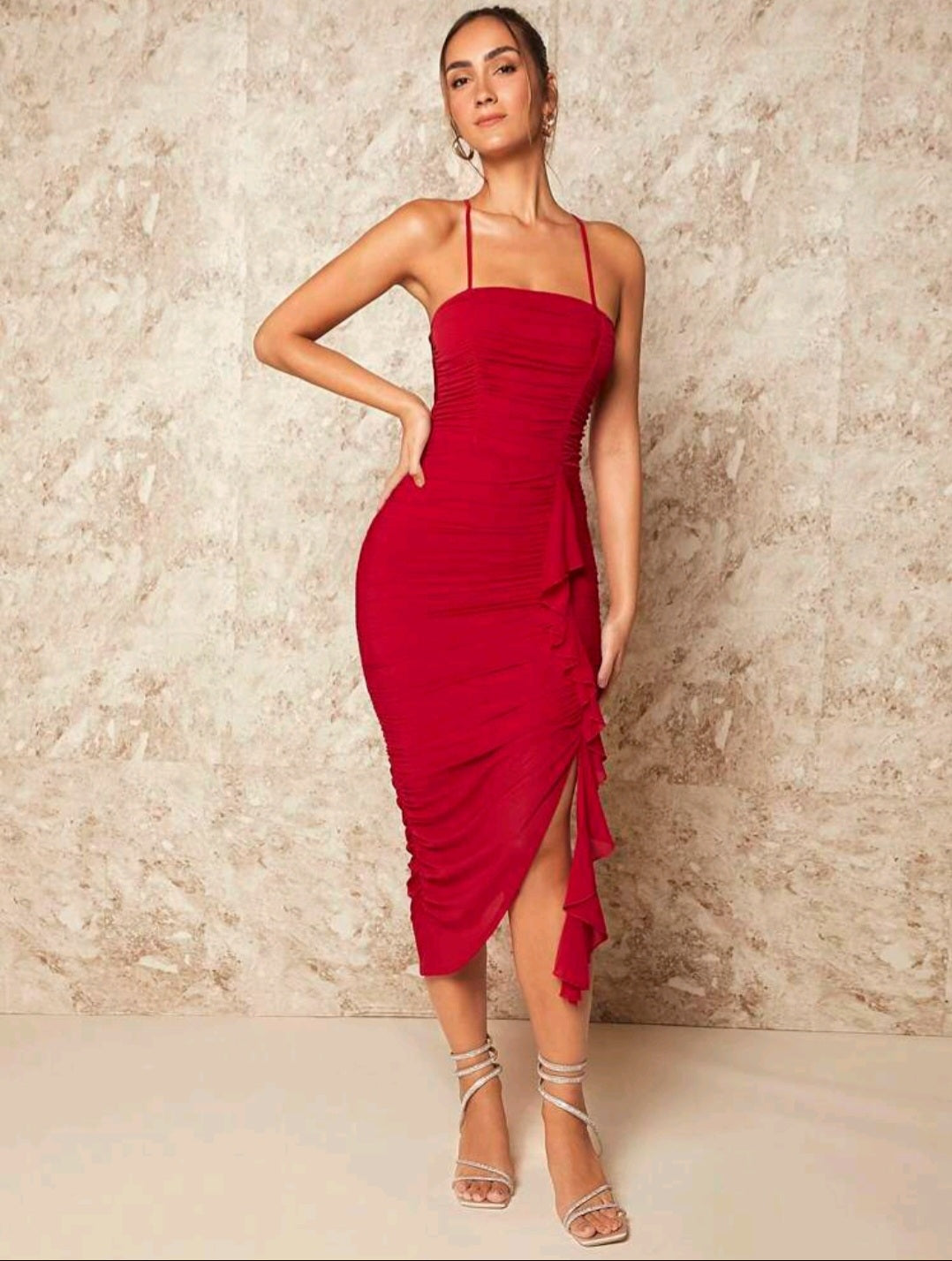 Ruched Ruffle Trim Split Thigh Cami Dress
