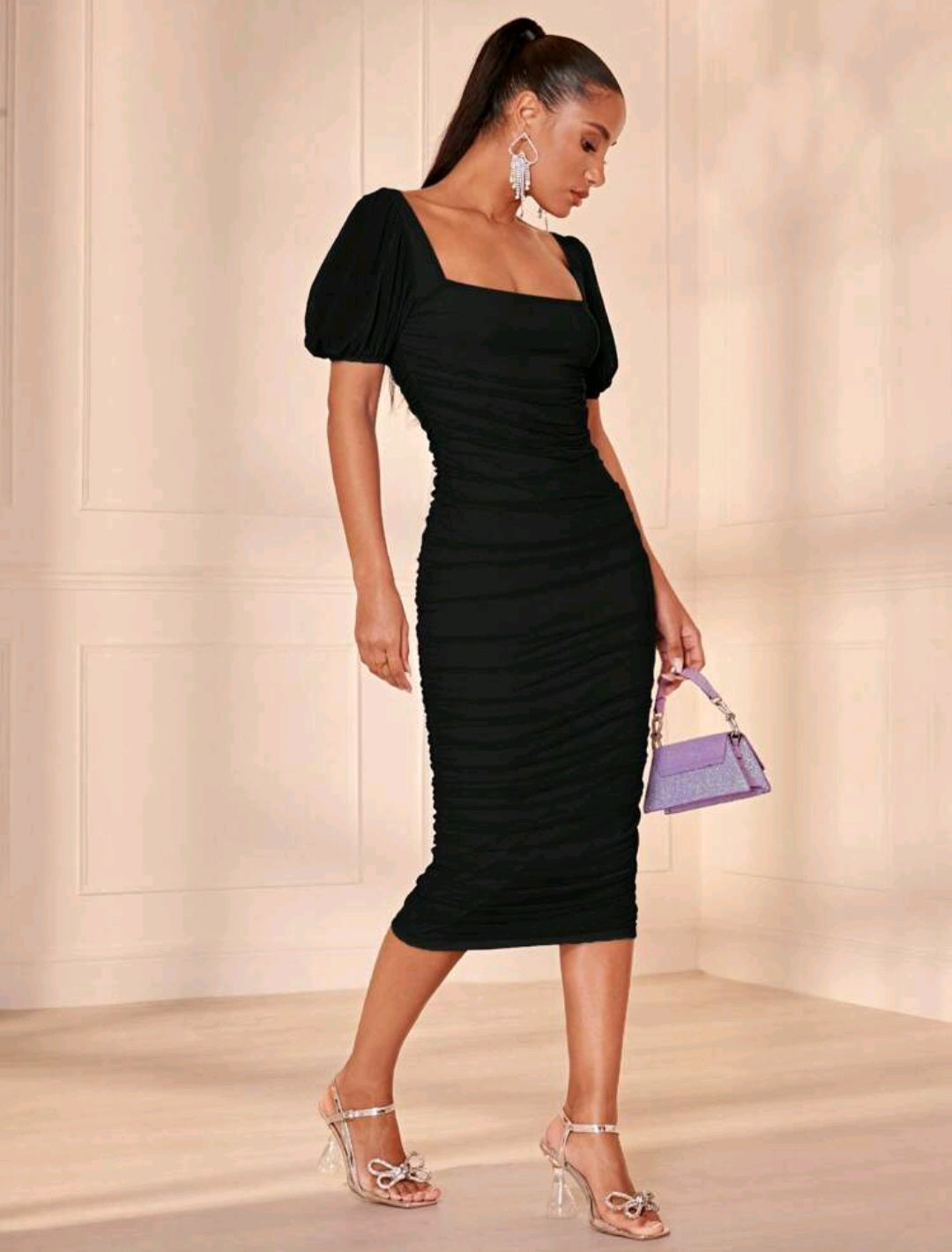 Square Neck Puff Sleeve Ruched Mesh Bodycon Dress