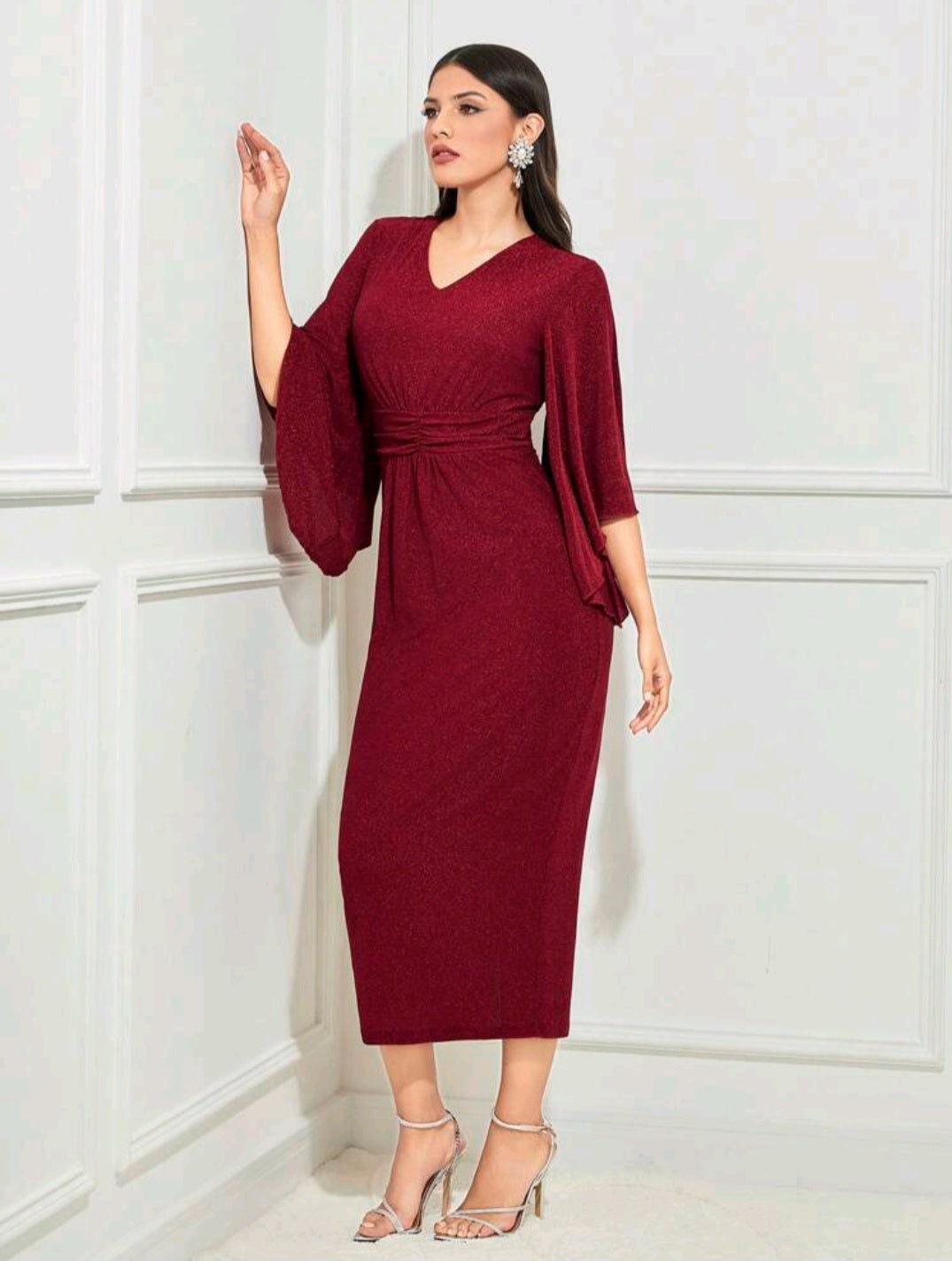 Glitter Ruched Front Butterfly Sleeve Fitted Dress