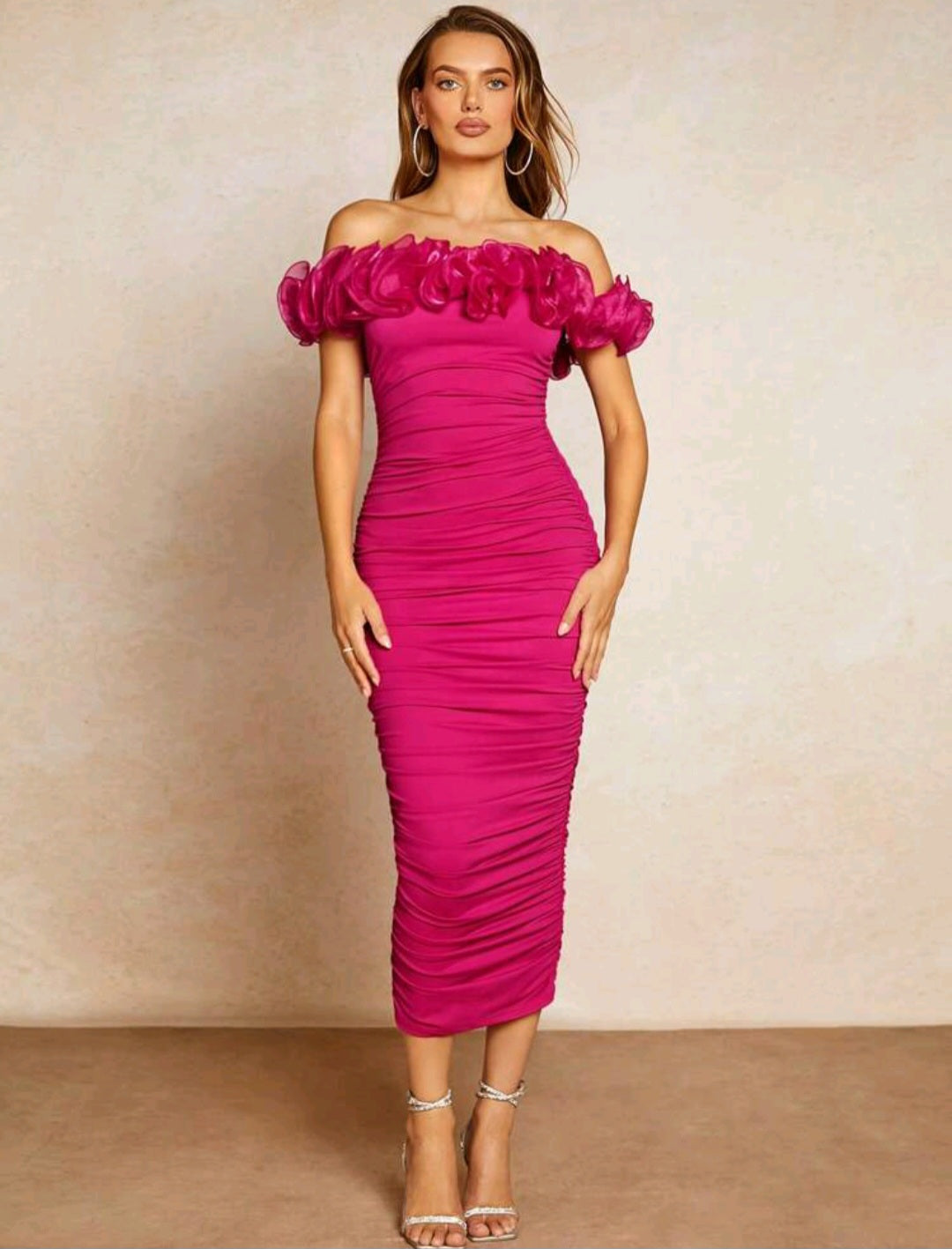 Off Shoulder Ruffle Trim Ruched Bodycon Dress