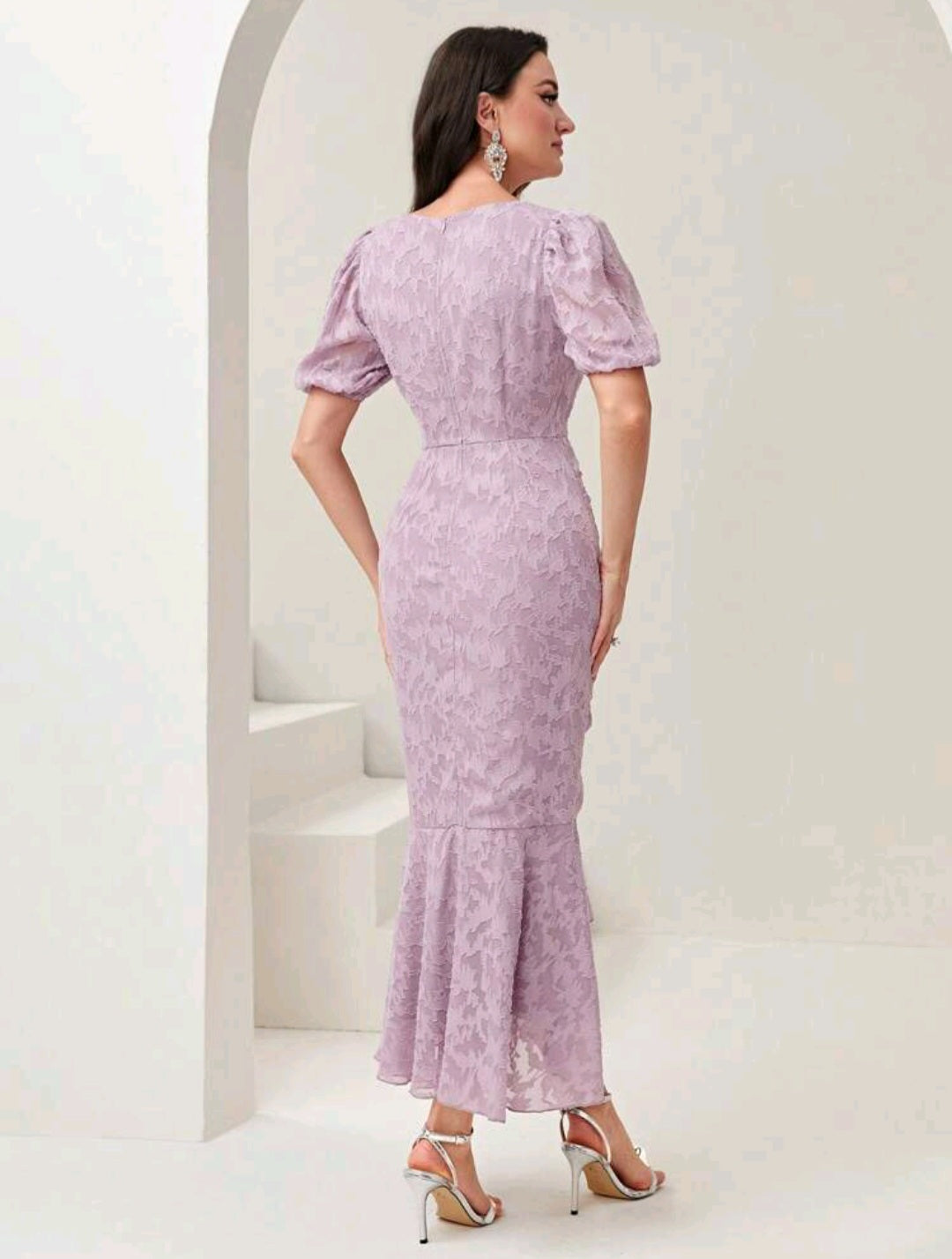Puff Sleeve Mermaid Hem Ruched Lace Dress