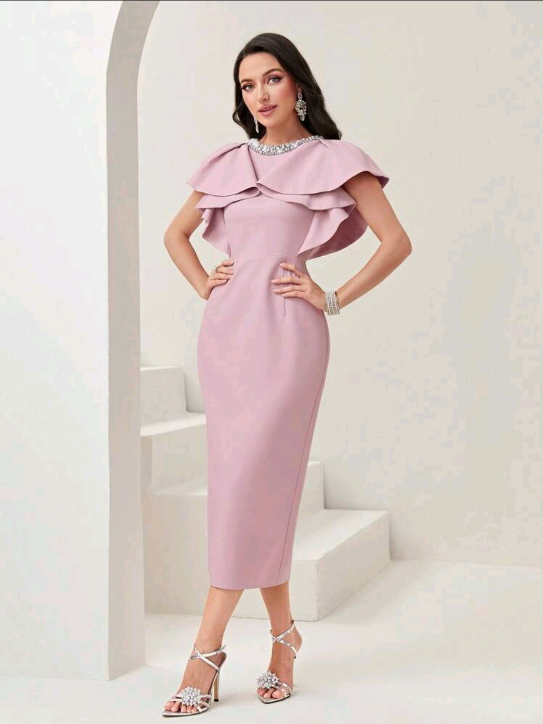 Rhinestone Detail Ruffle Trim Split Back Dress