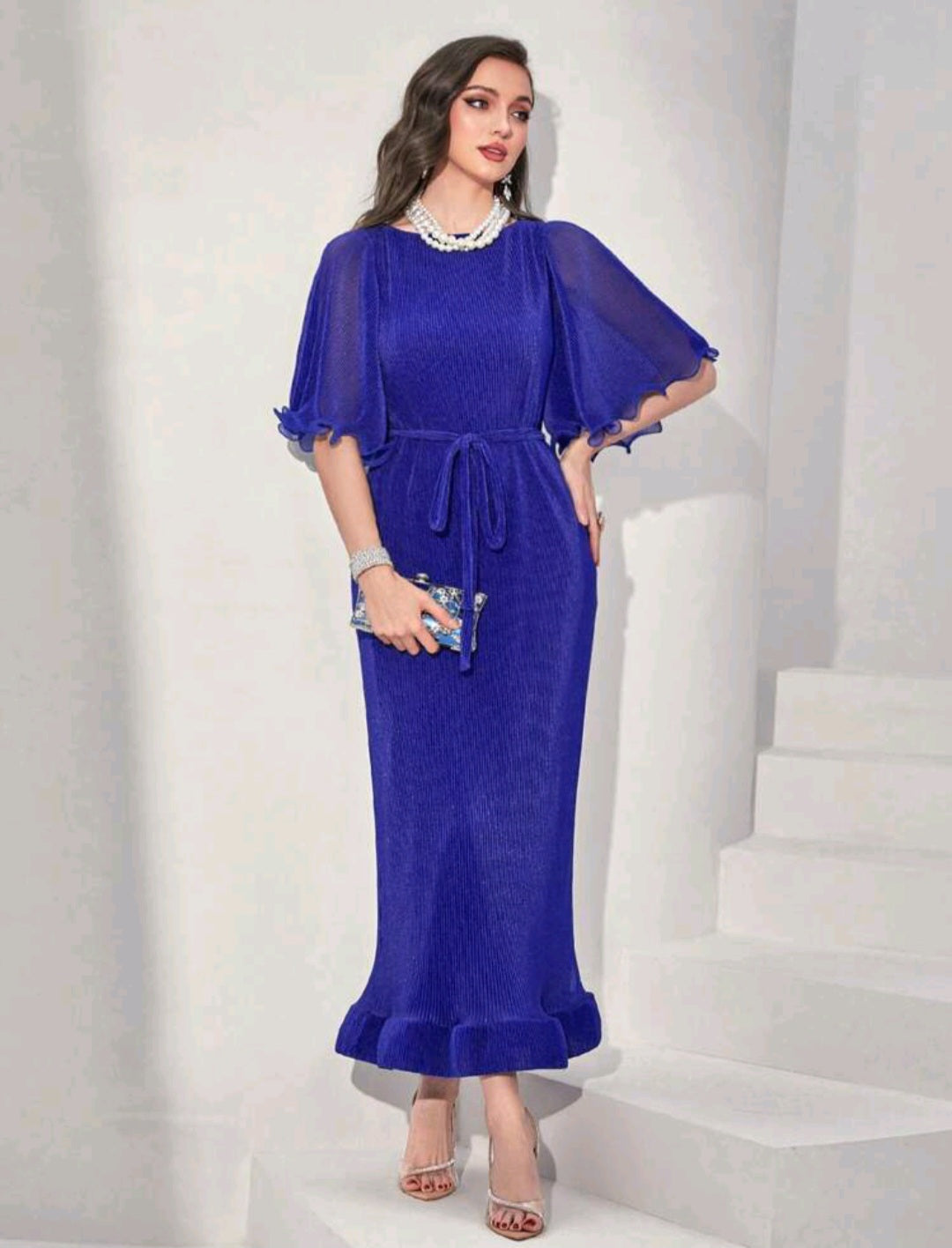 Pleated Flounce Sleeve Ruffle Hem Belted Dress