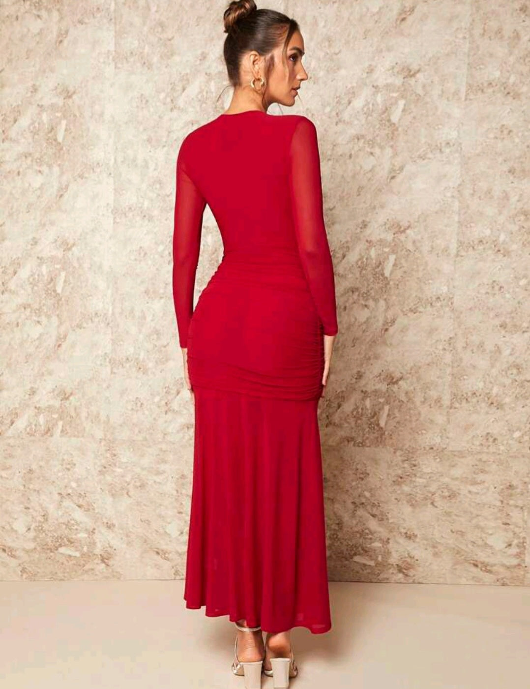Ruched Split Thigh Mesh Sleeve Dress