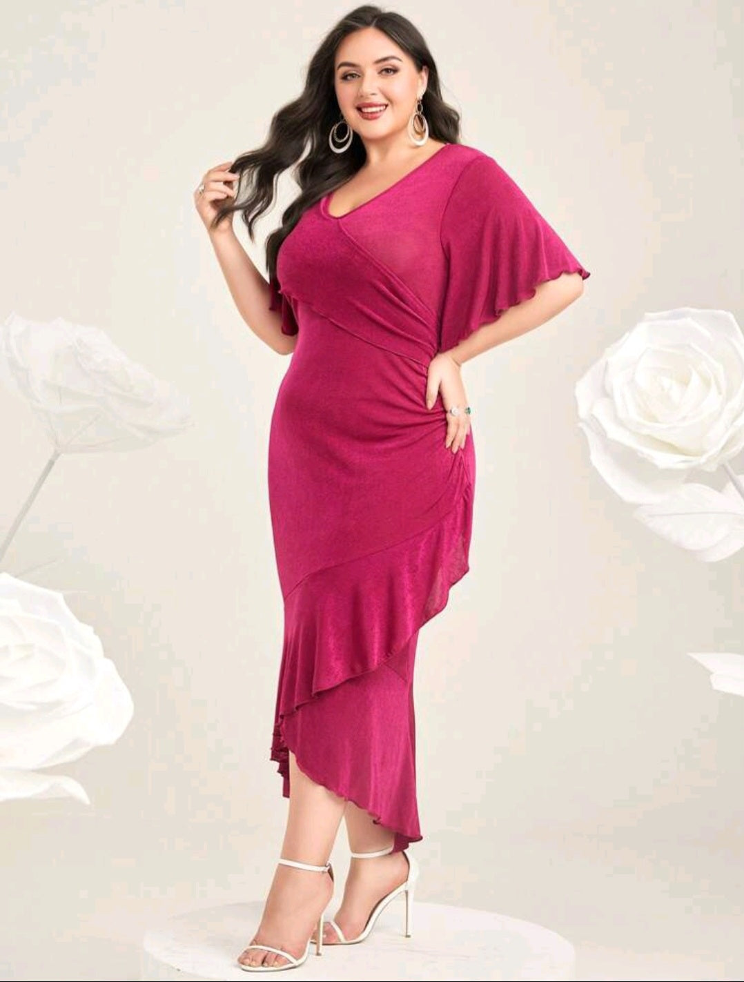 Sarah Wrap Hem Midi Dress - Pink