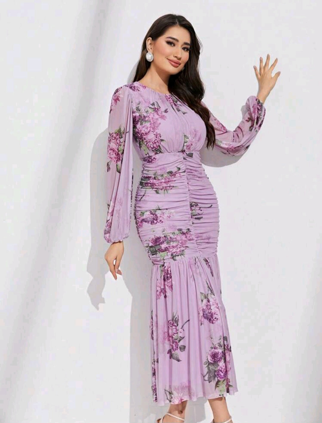 Floral Print Ruched Mermaid Hem Dress