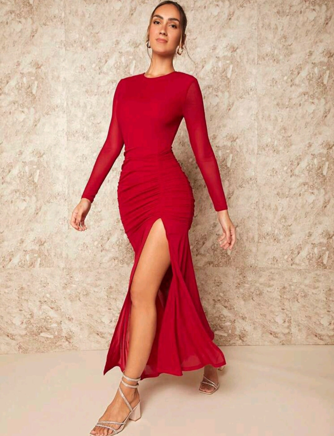 Ruched Split Thigh Mesh Sleeve Dress