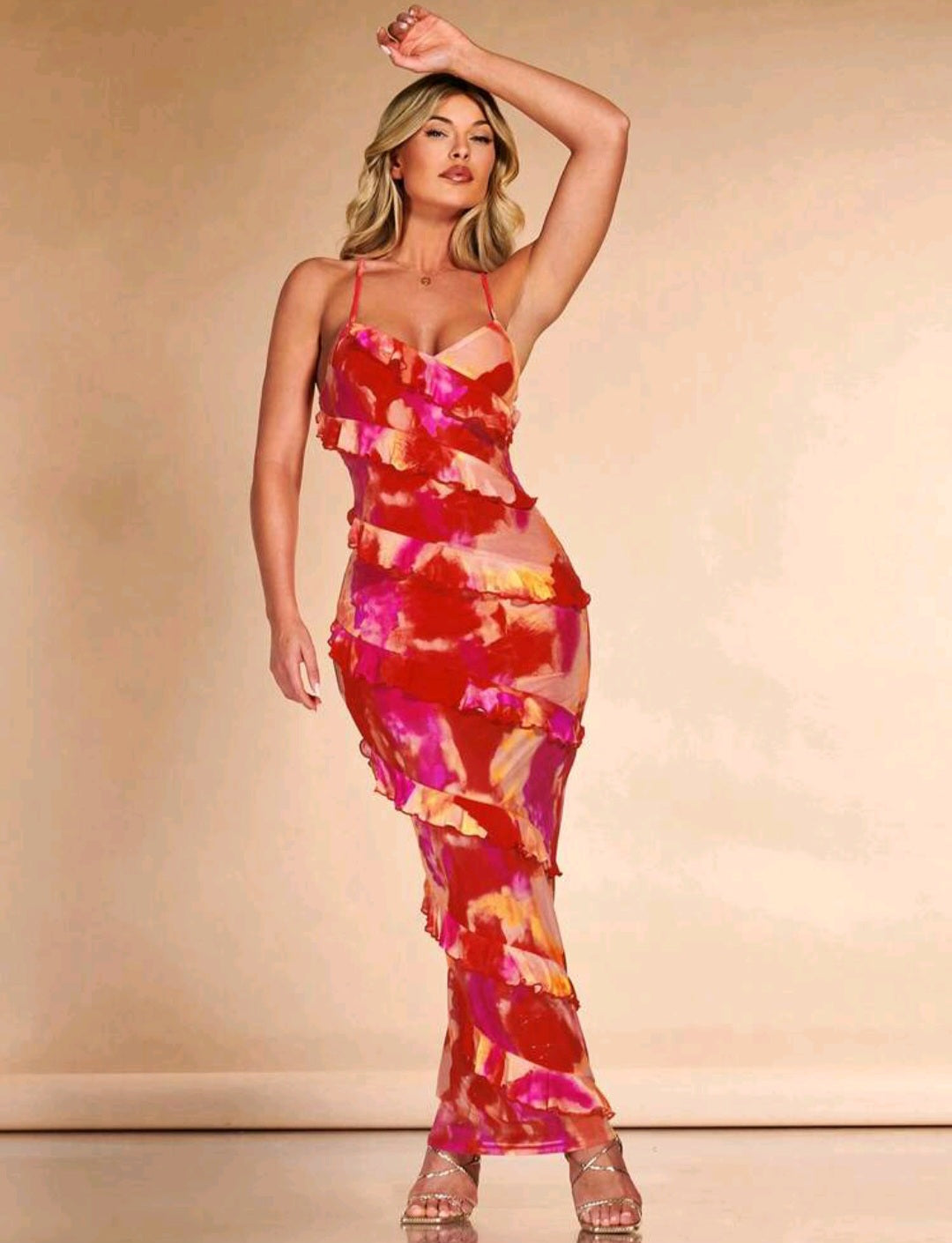 Narali Tie Dye Ruffle Trim Crisscross Backless Maxi Dress