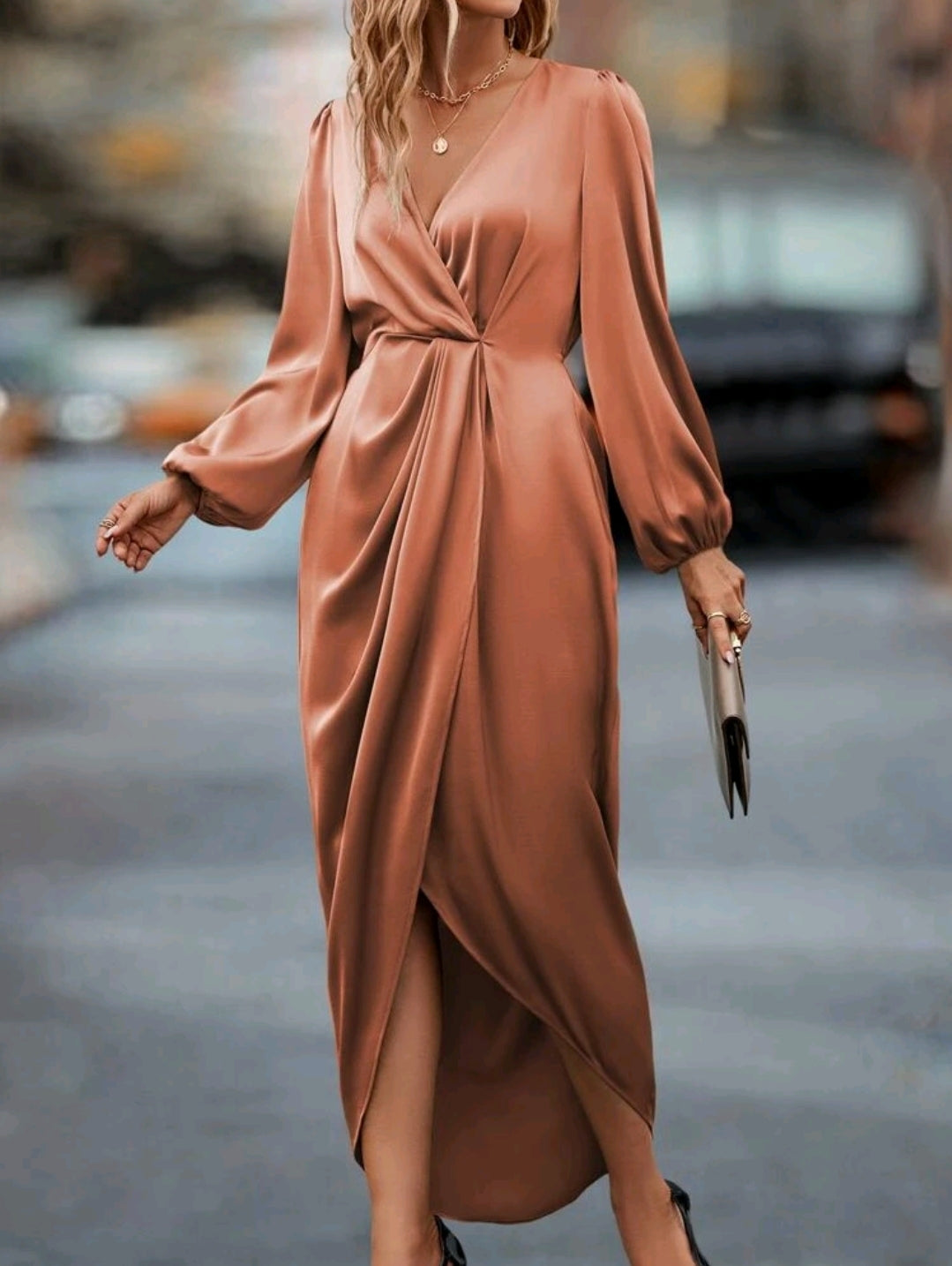 Lantern Sleeve Twist Front Wrap Hem Satin
