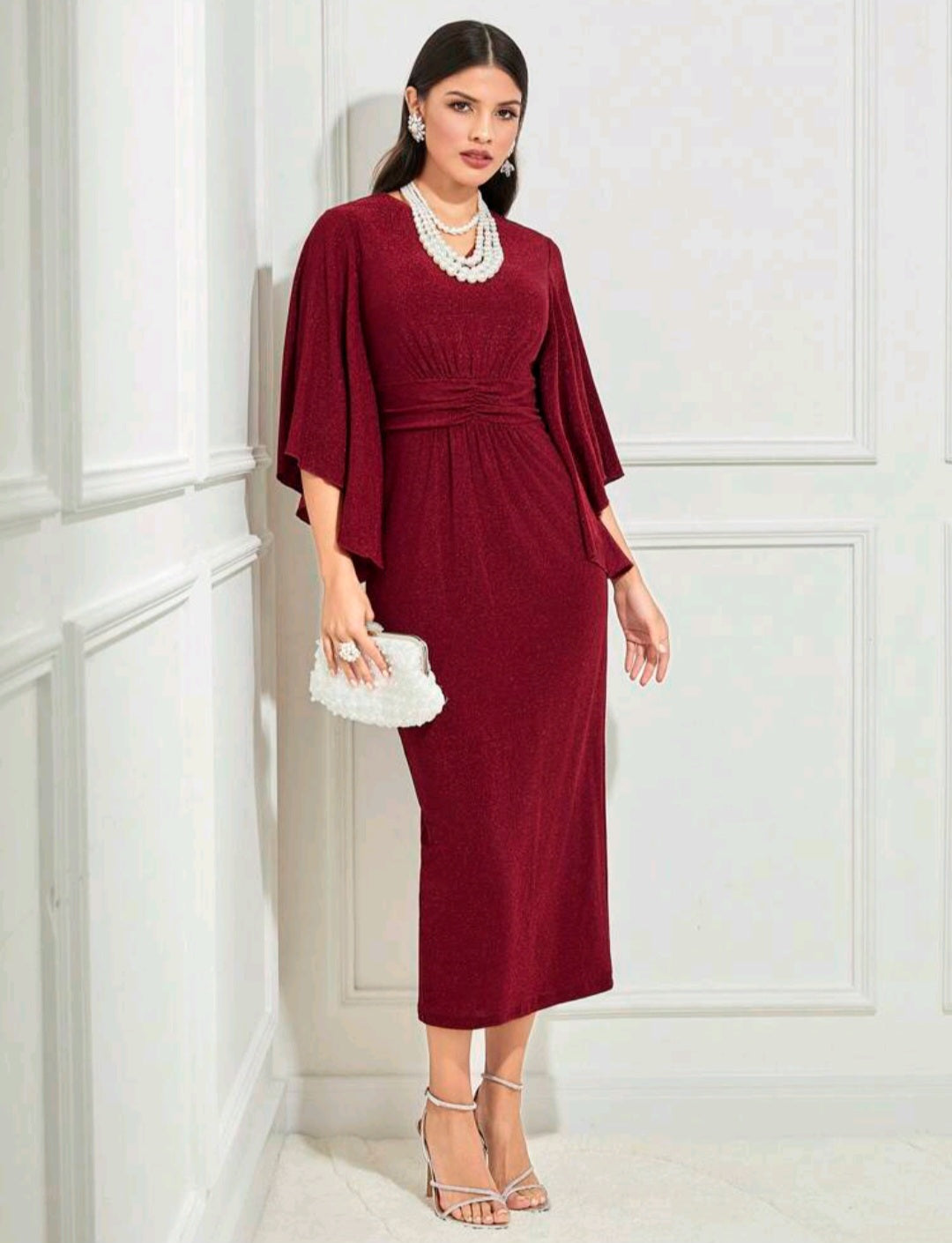 Glitter Ruched Front Butterfly Sleeve Fitted Dress