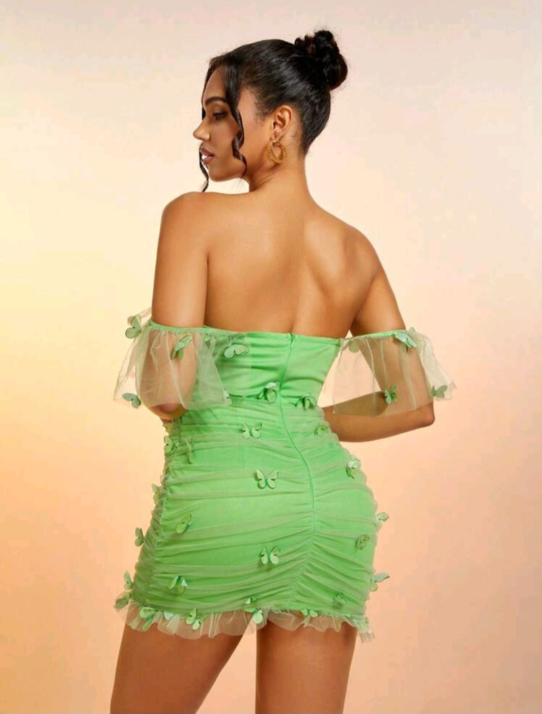 Off Shoulder Butterfly Appliques Ruched Mesh Bodycon Dress