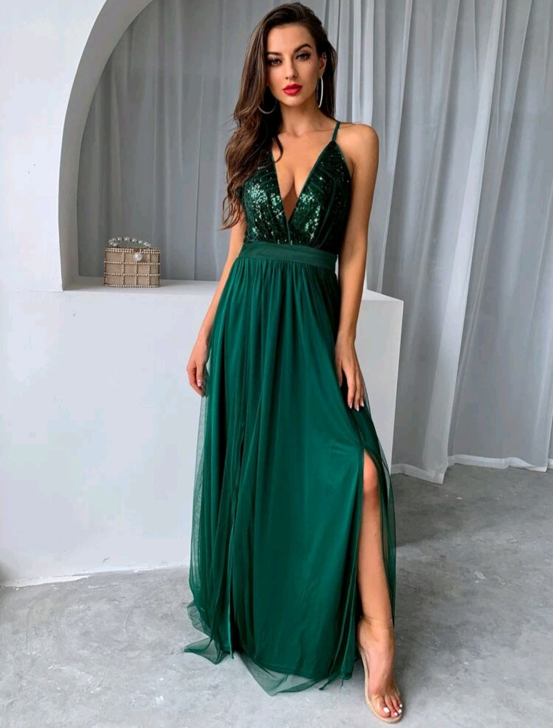 Sequin Bodice Backless Mesh Cami Formal Evening Gowns